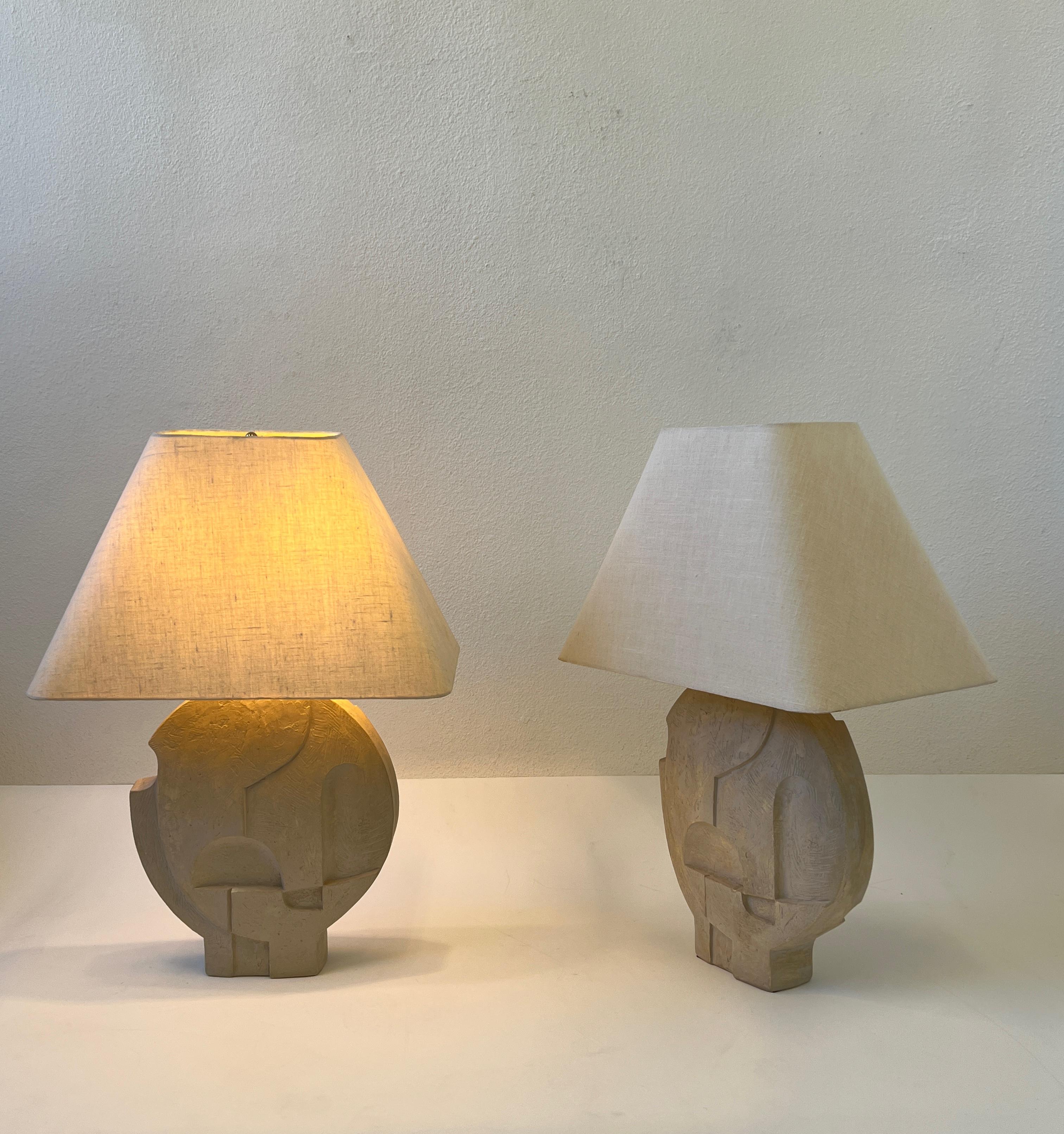 Pair of Brutalist Plaster and Brass Table Lamps by Casual Lamps of California 1