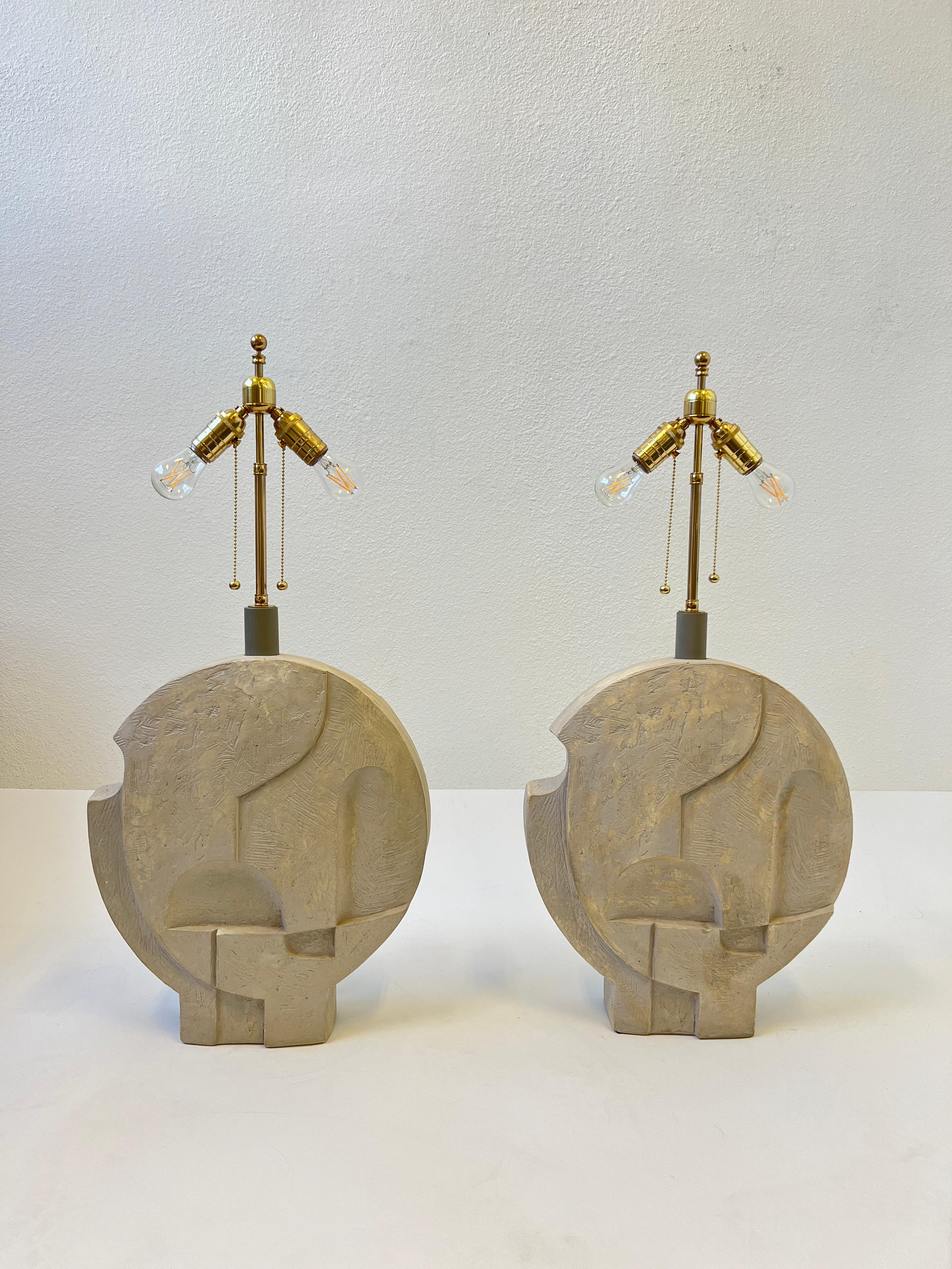 Pair of Brutalist Plaster and Brass Table Lamps by Casual Lamps of California 2
