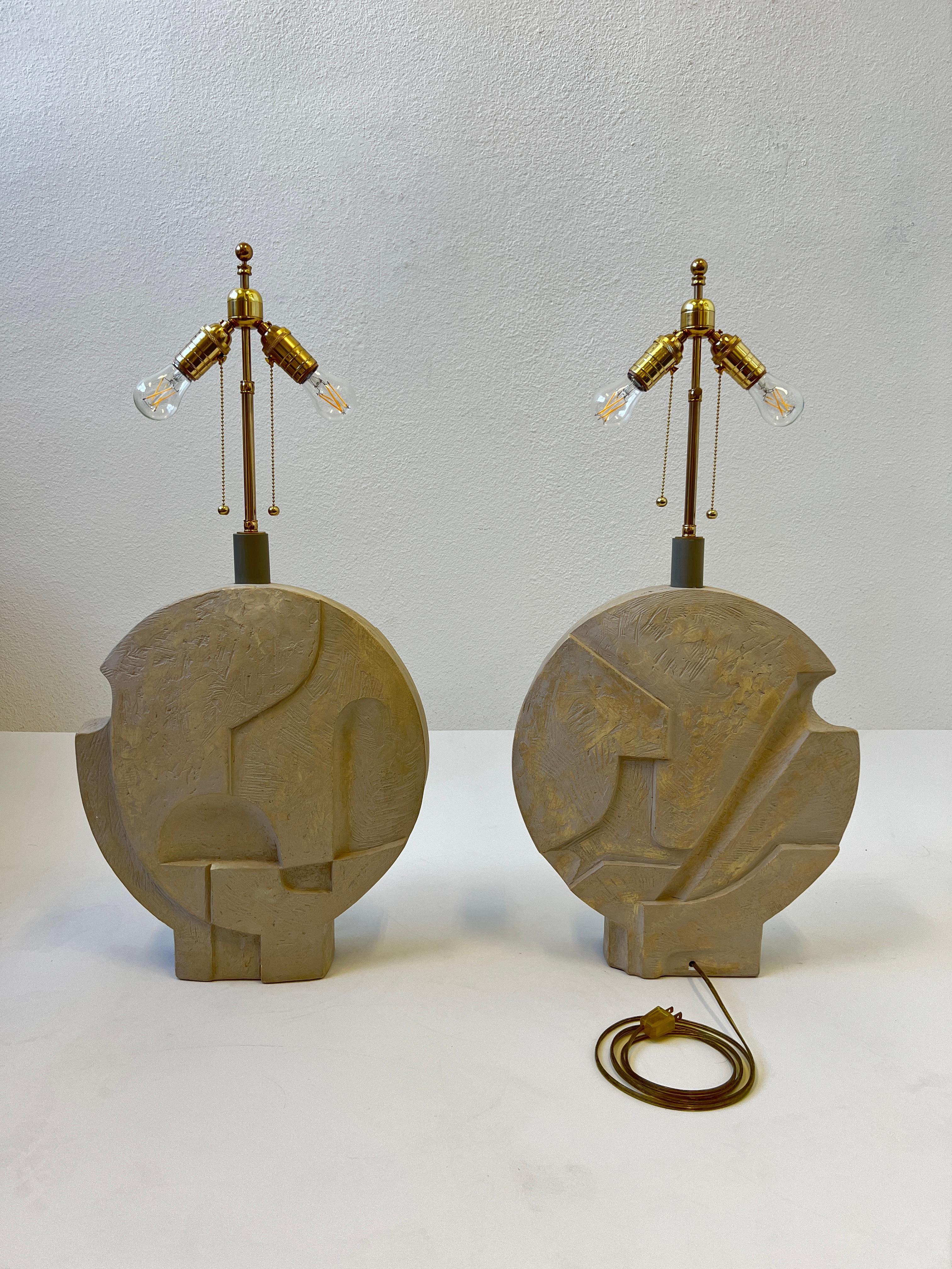 Pair of Brutalist Plaster and Brass Table Lamps by Casual Lamps of California 3