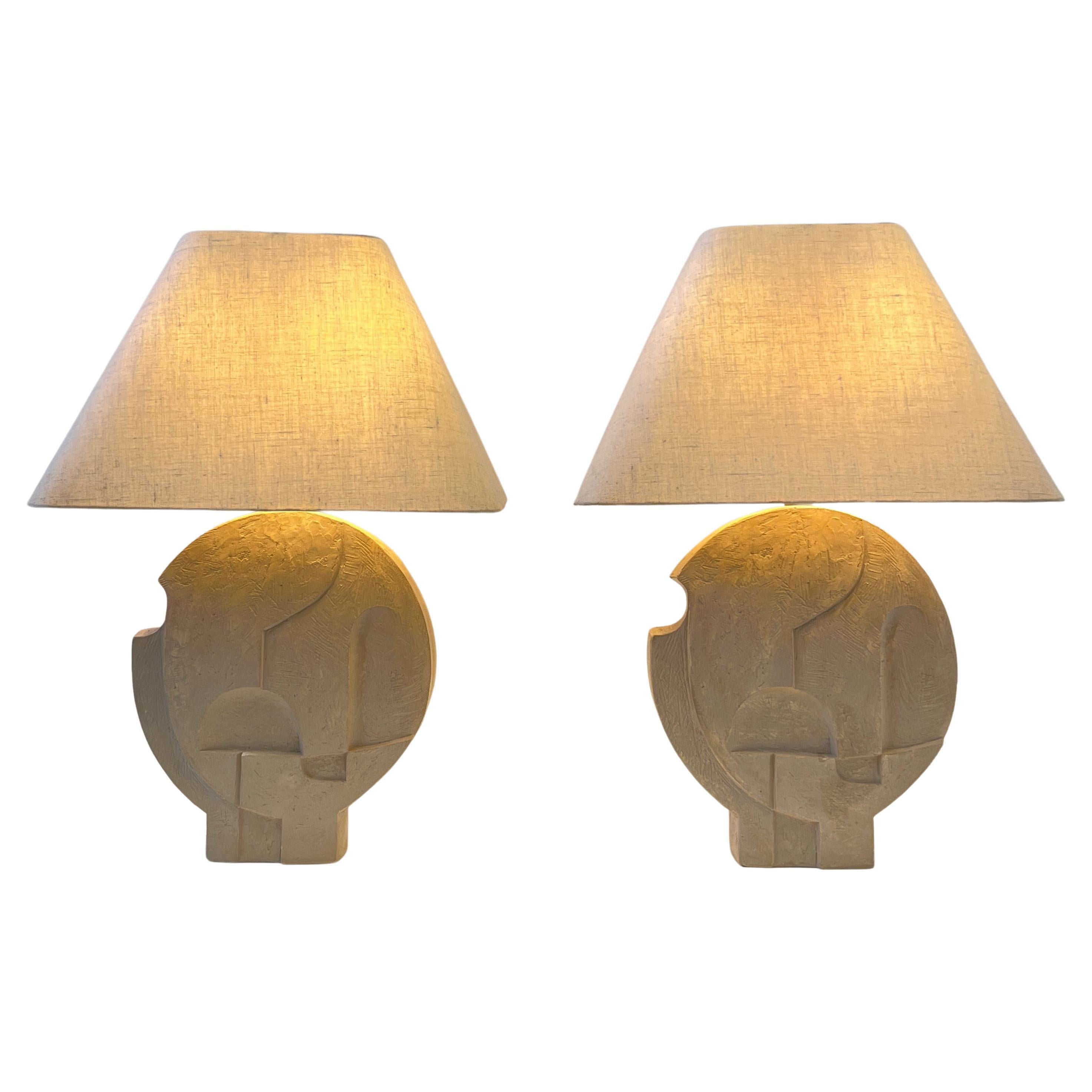 Pair of Brutalist Plaster and Brass Table Lamps by Casual Lamps of California