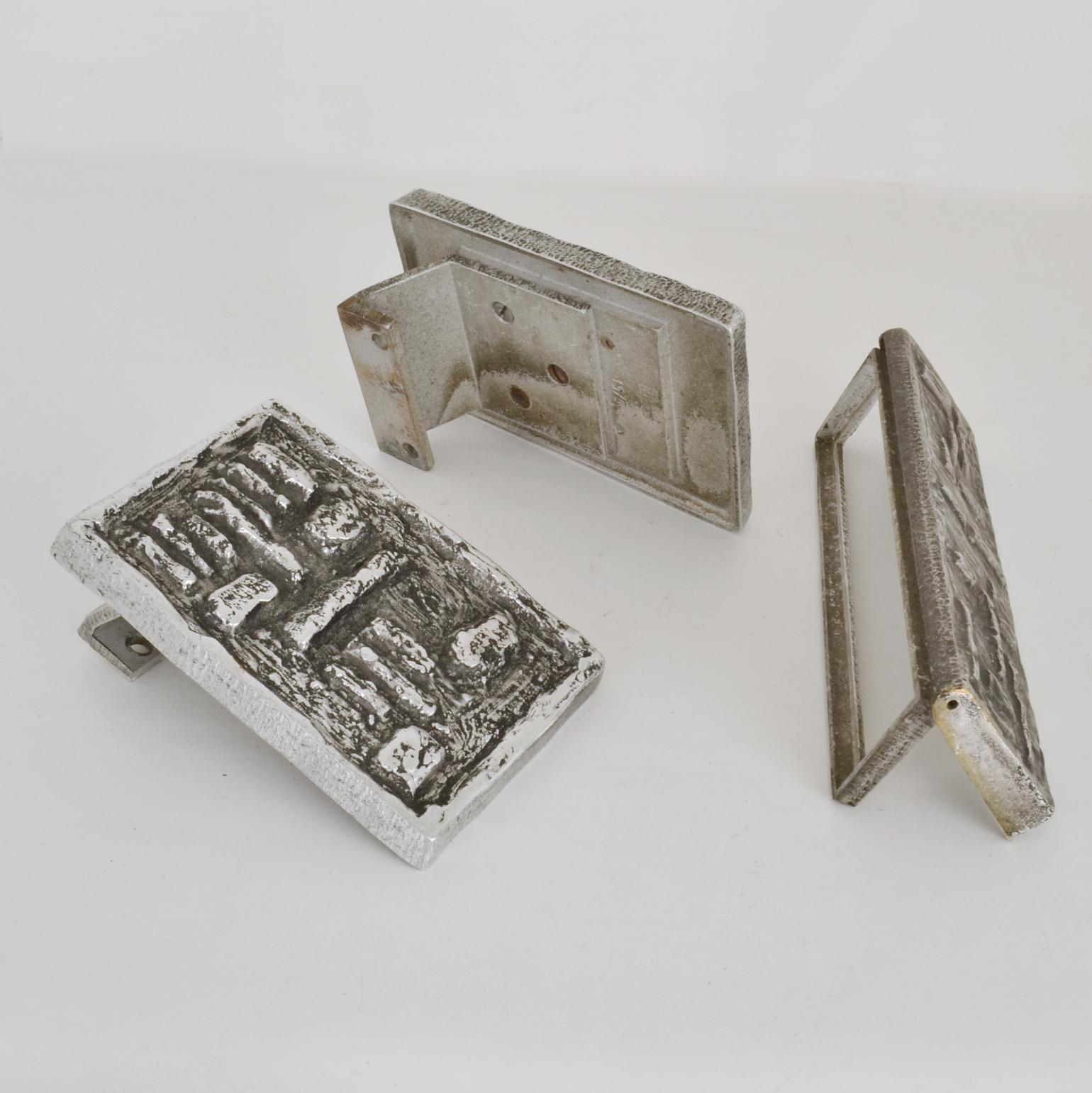 European Pair of Brutalist Push and Pull Bronze Door Handles and Letterbox in Aluminum