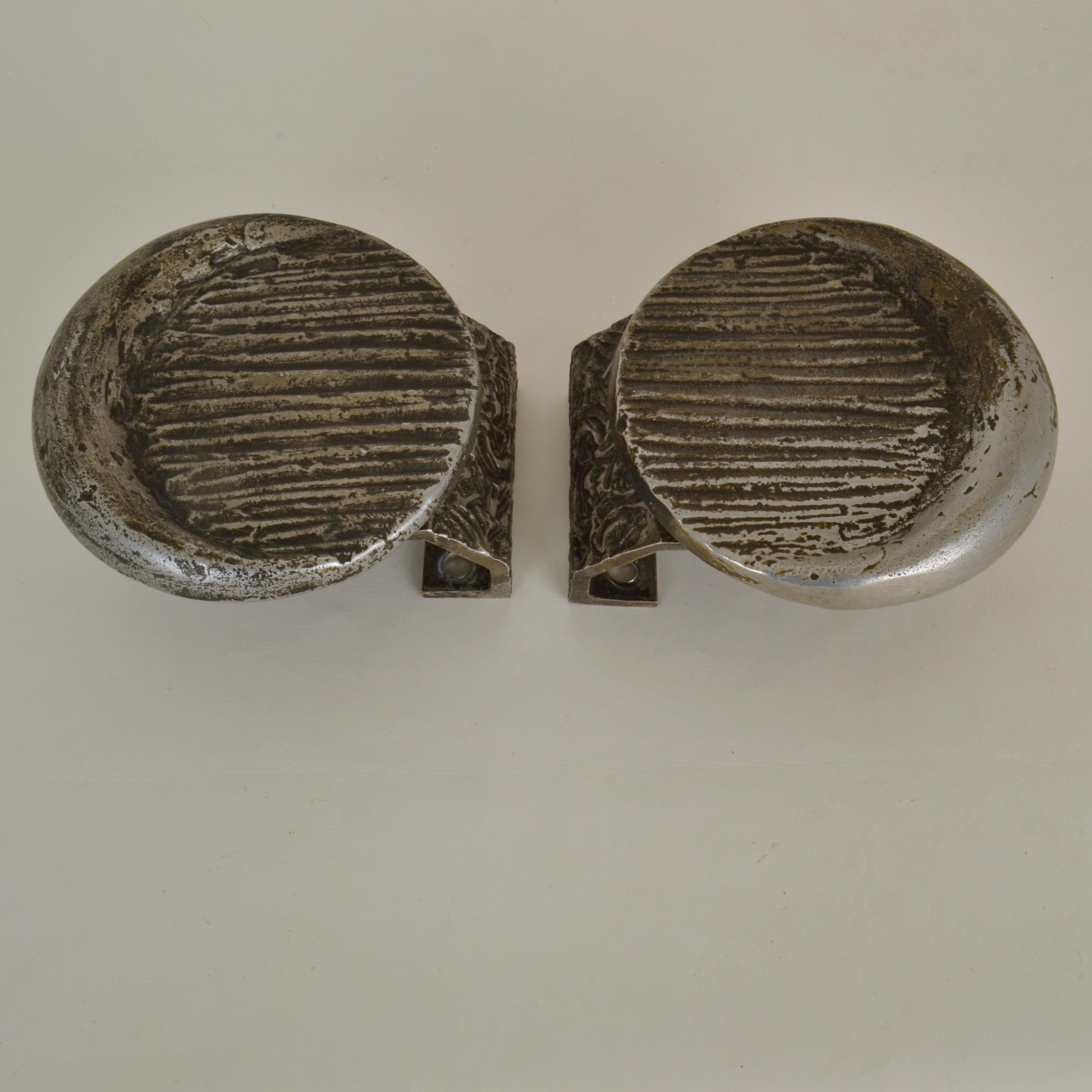 Mid-Century Modern Architectural Pair of Brutalist Push and Pull Metal Round Door Handles  For Sale