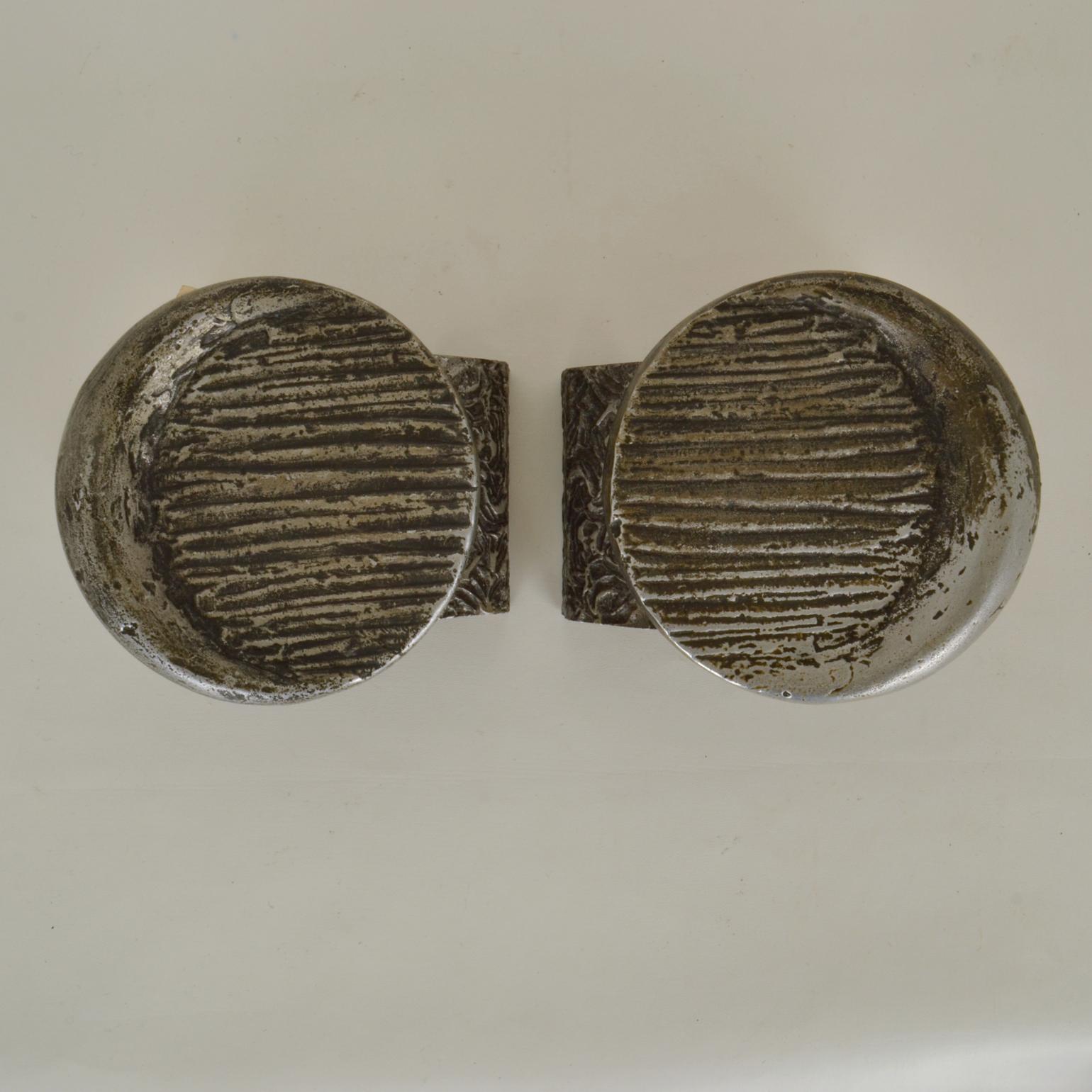 European Architectural Pair of Brutalist Push and Pull Metal Round Door Handles  For Sale