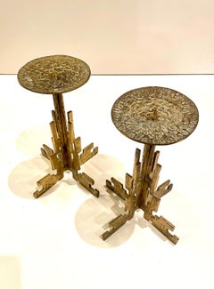 Pair of Brutalist Rare Hand Hammered Brass Candle Holders