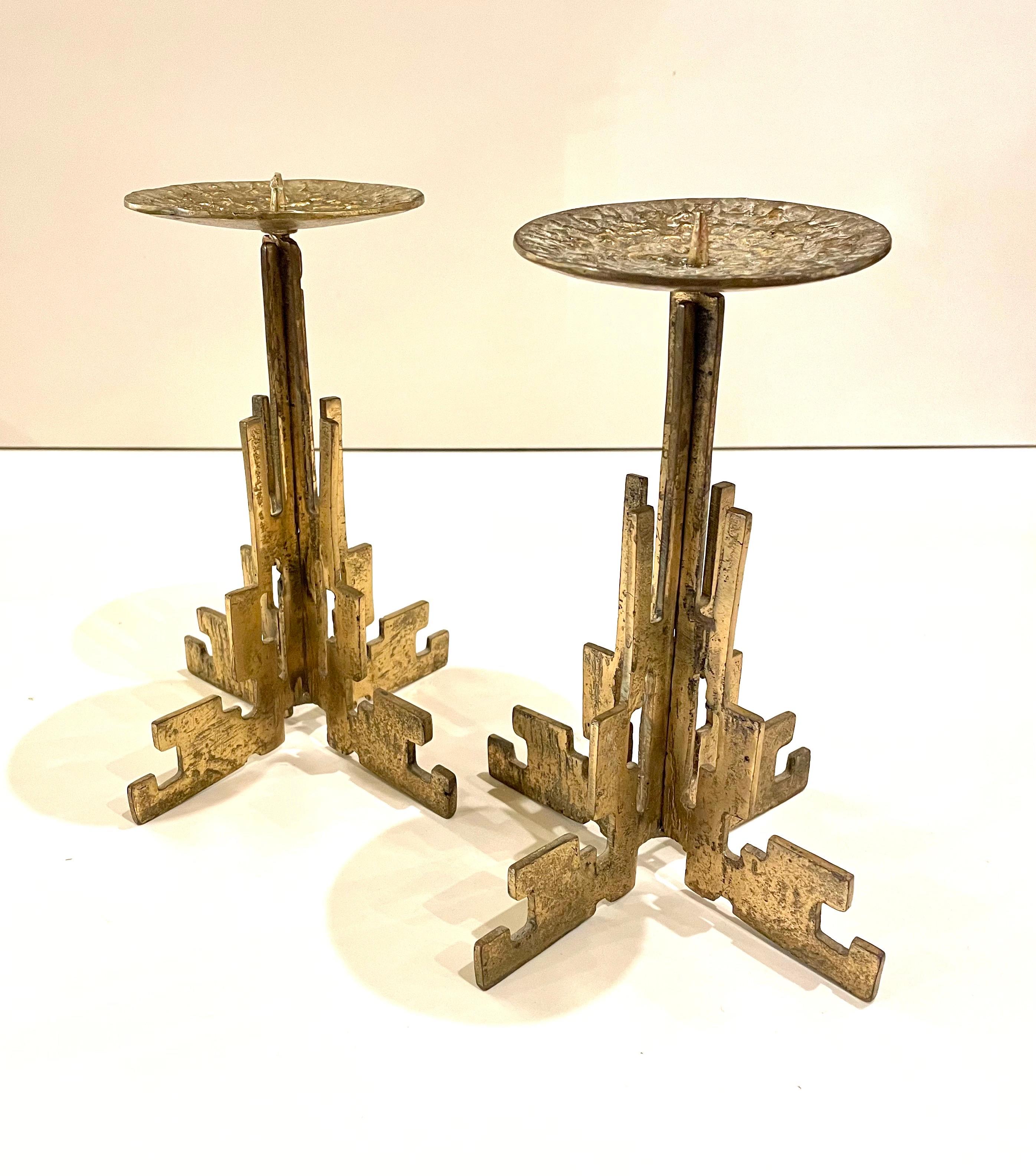 Norwegian Pair of Brutalist Rare Hand Hammered Brass Candle Holders For Sale