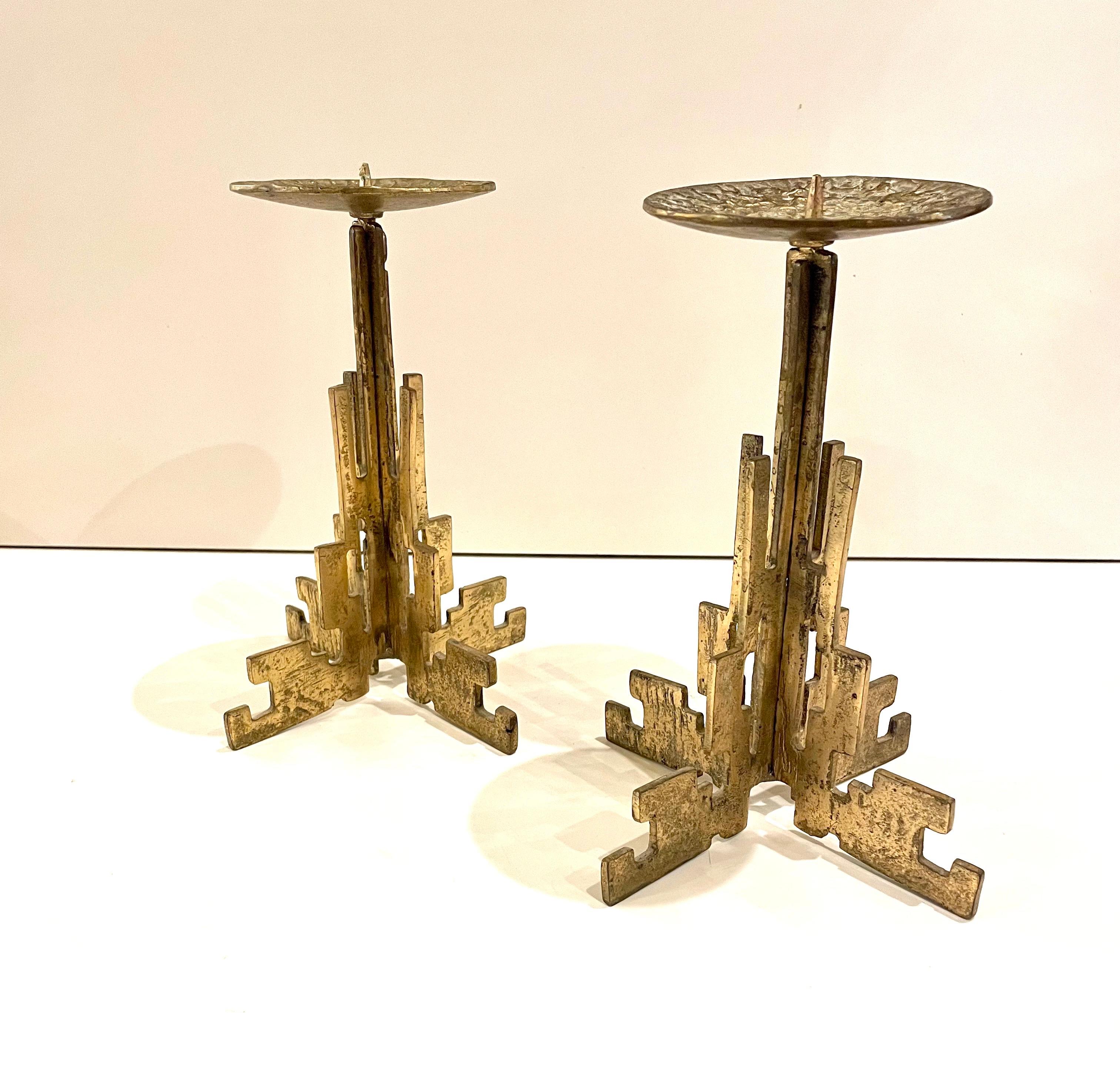 Pair of Brutalist Rare Hand Hammered Brass Candle Holders In Good Condition For Sale In San Diego, CA