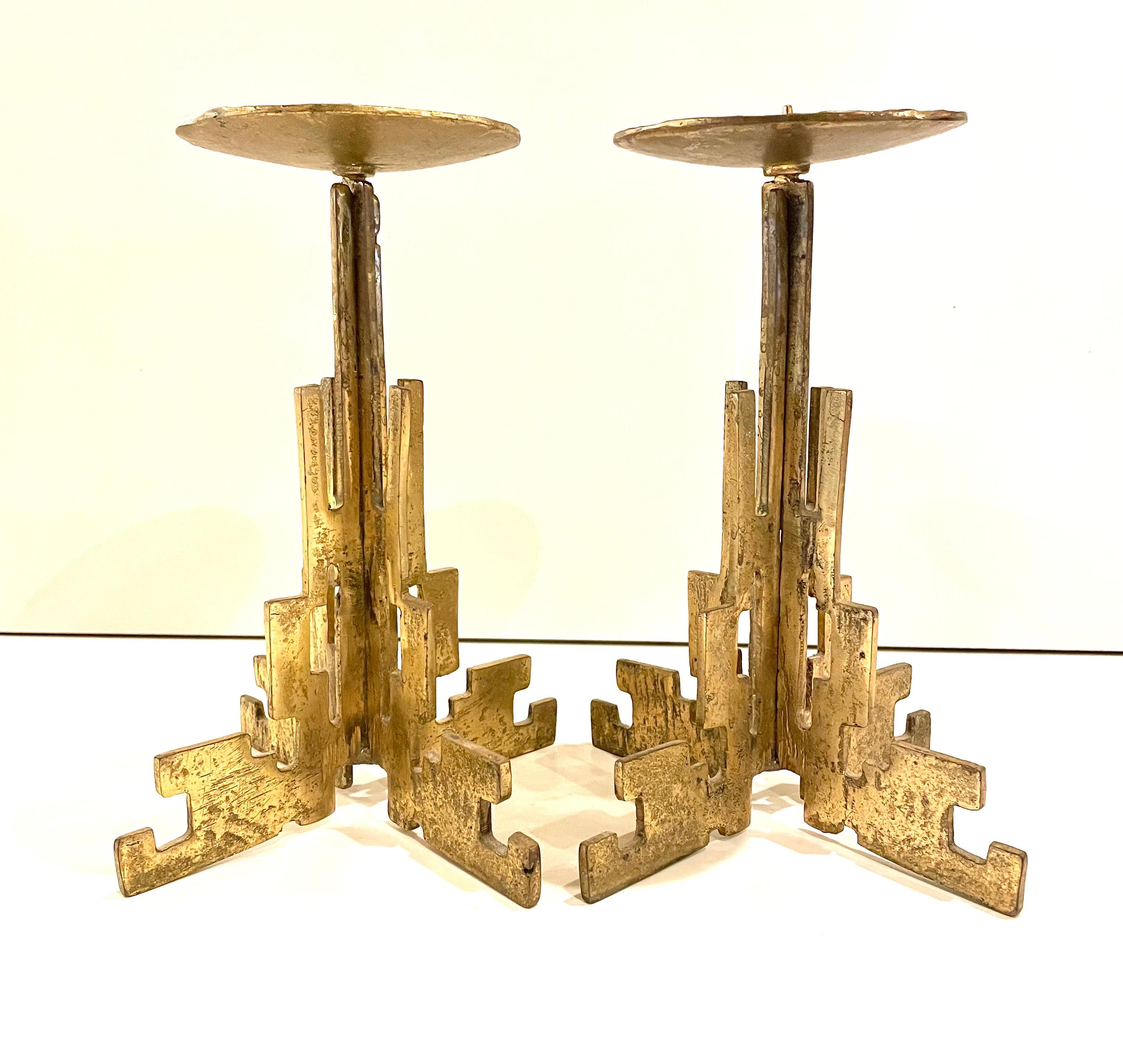 20th Century Pair of Brutalist Rare Hand Hammered Brass Candle Holders For Sale