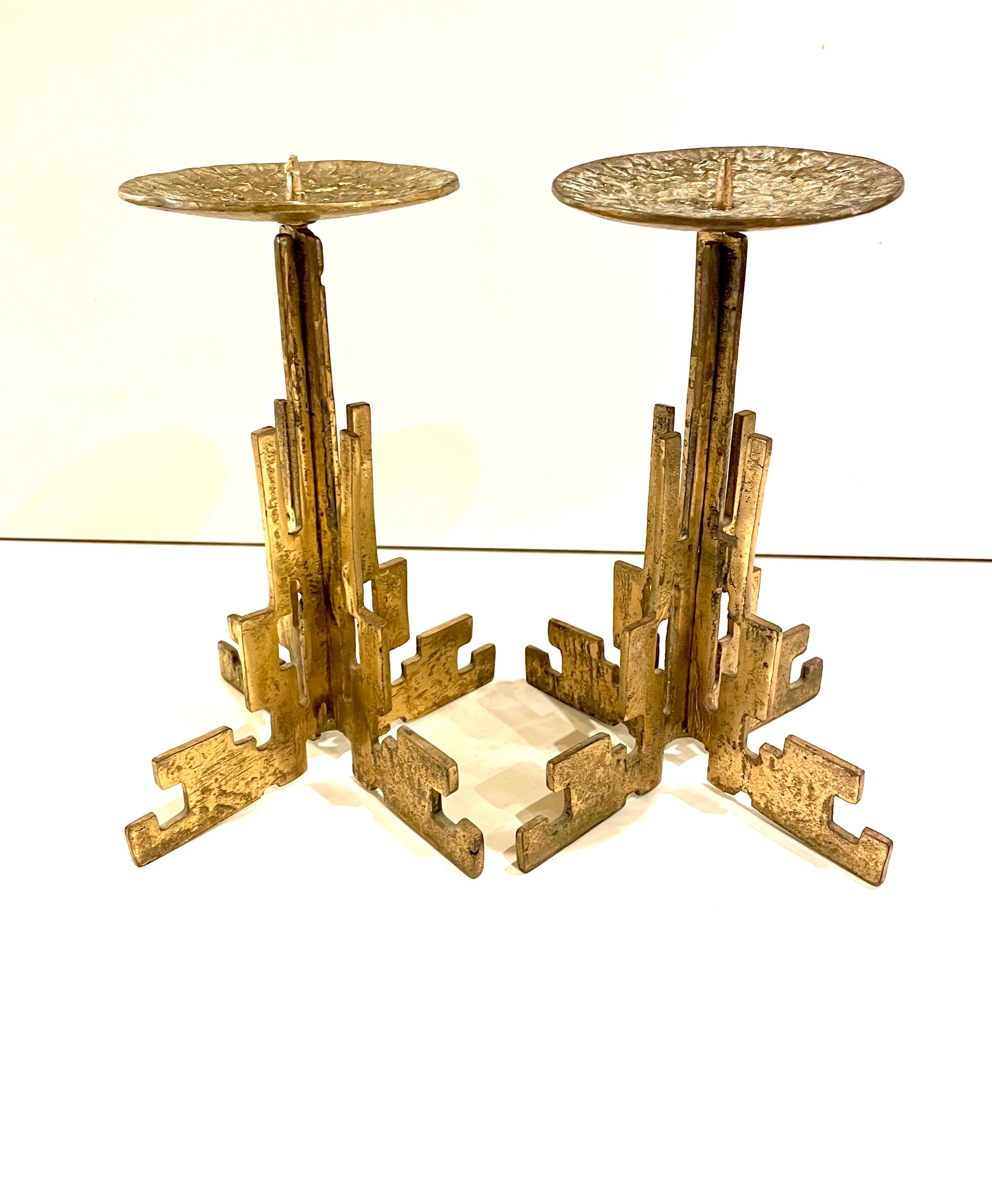 Pair of Brutalist Rare Hand Hammered Brass Candle Holders For Sale 1
