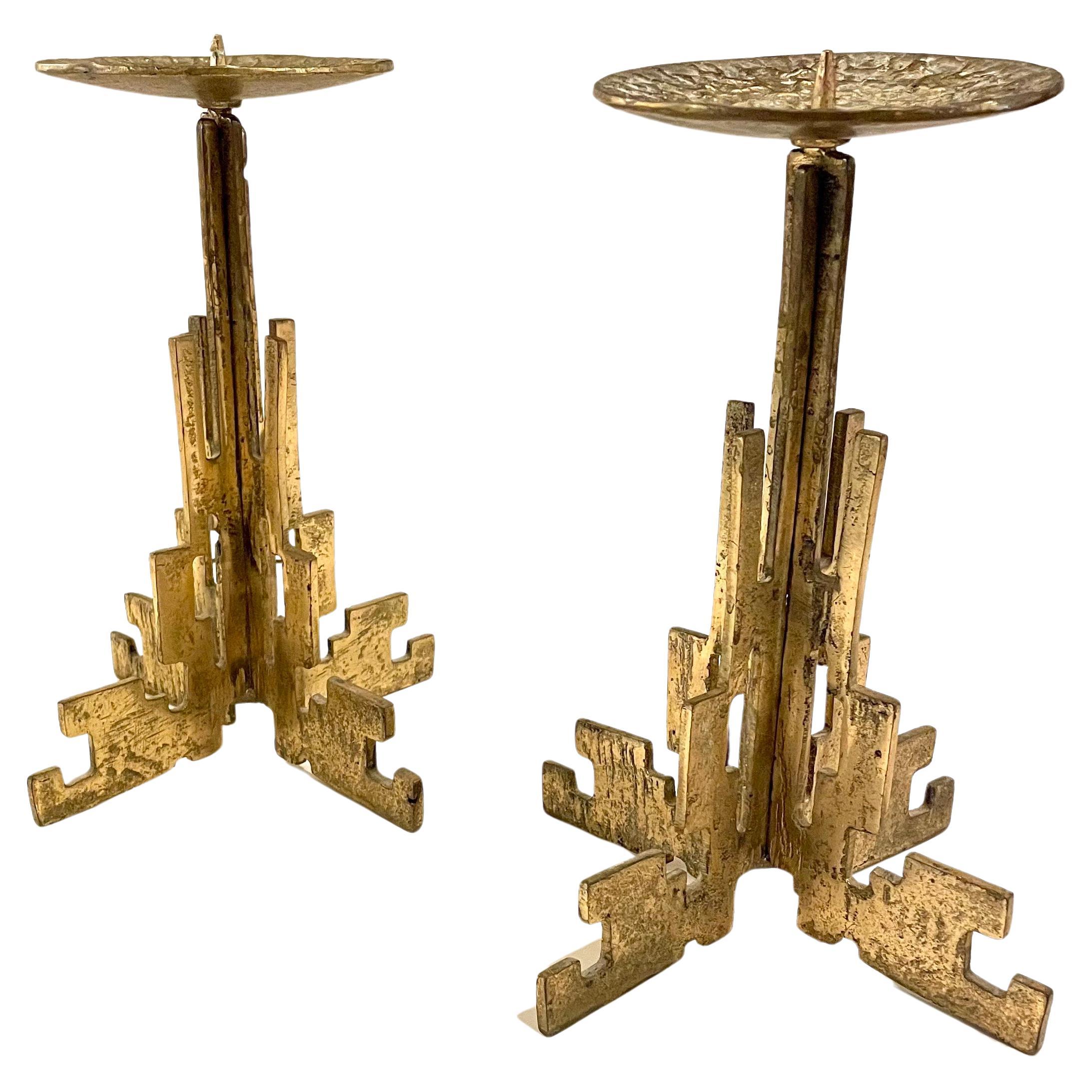 Pair of Brutalist Rare Hand Hammered Brass Candle Holders For Sale