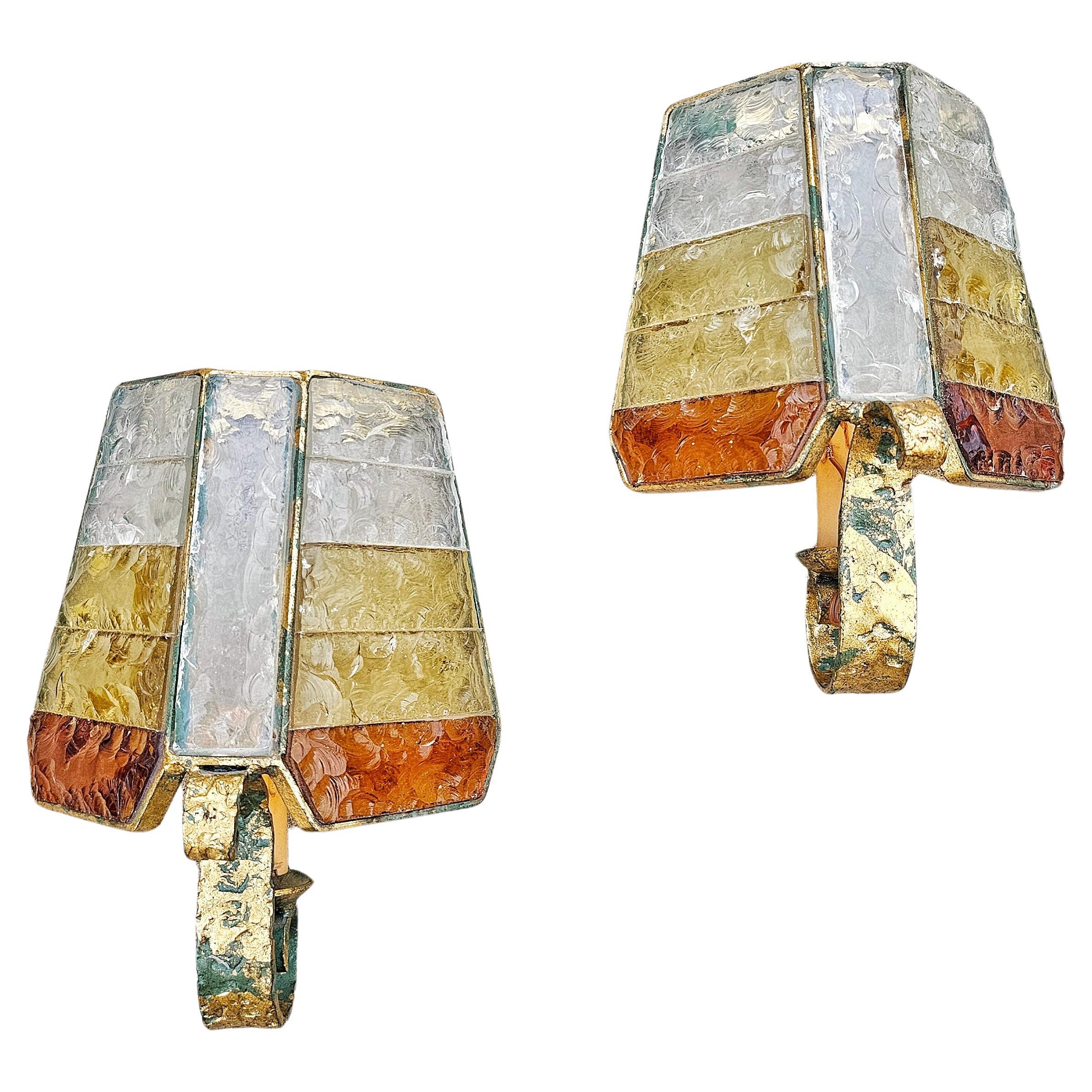 Pair of Brutalist Sconces in hammered glass by Longobard, Italy 1970s For Sale