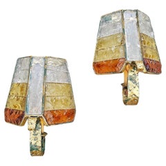 Pair of Brutalist Sconces in hammered glass by Longobard, Italy 1970s