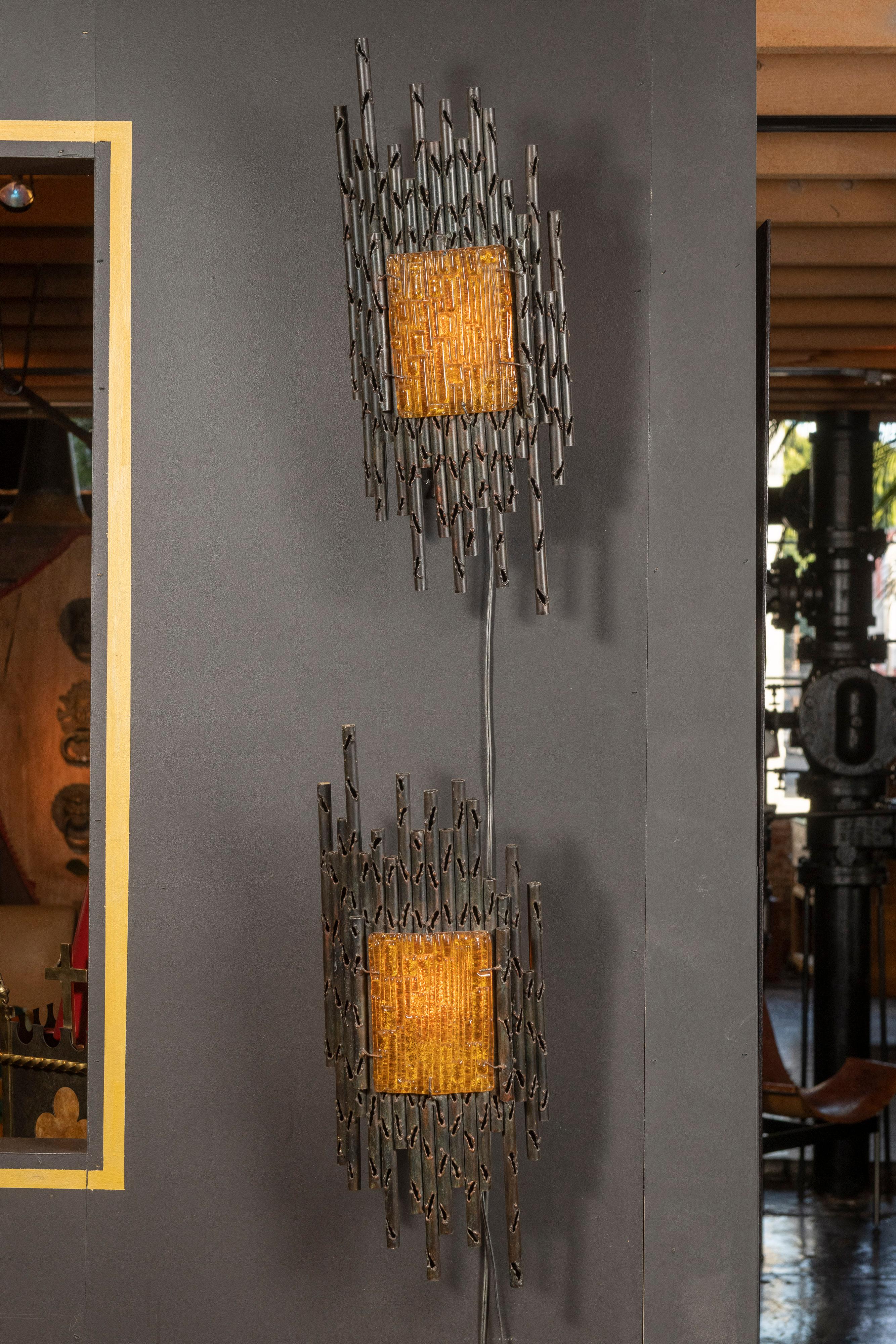 Pair of Brutalist Sconces in the Manner of Paul Evans In Good Condition For Sale In San Francisco, CA