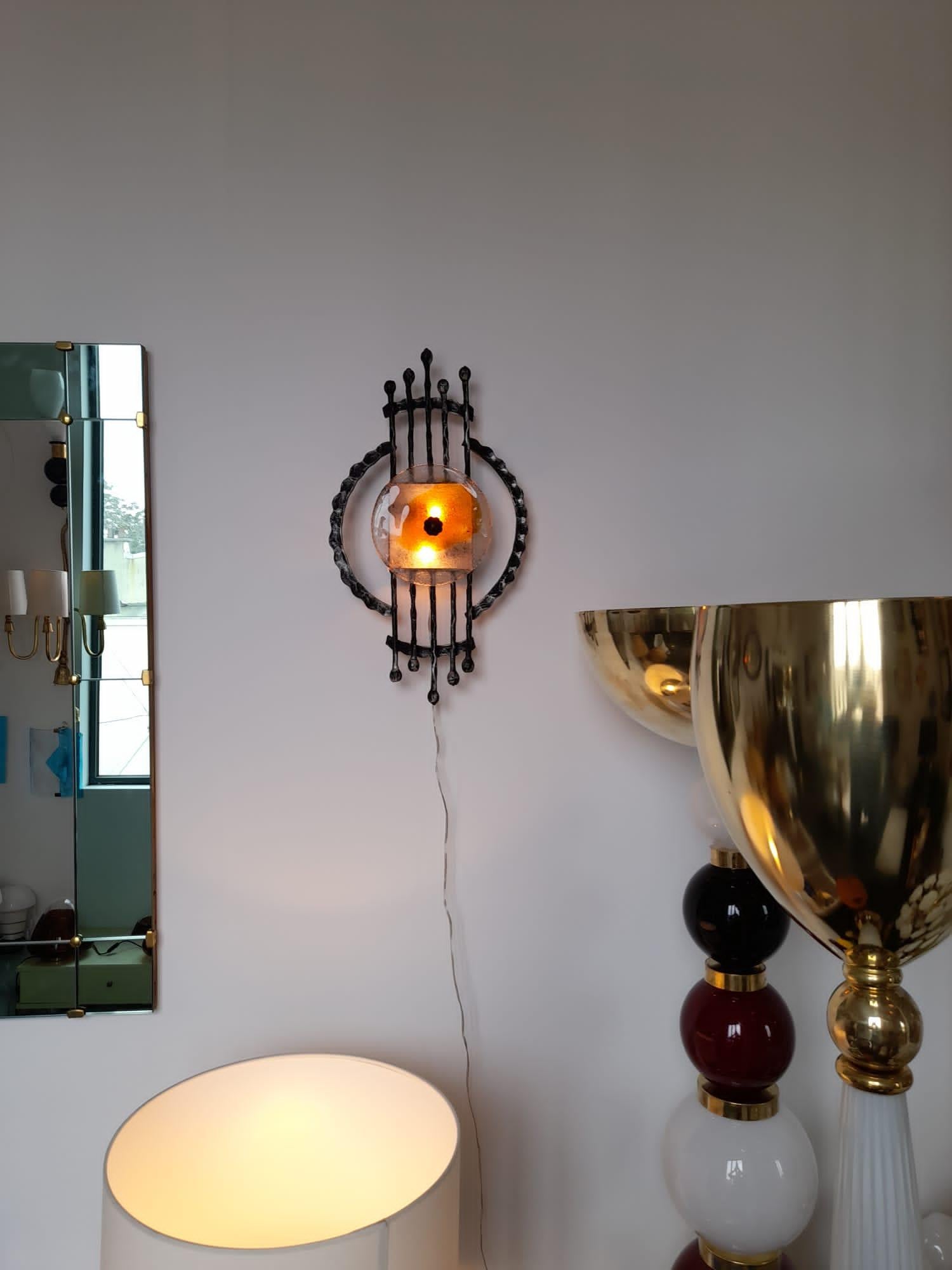 Pair of Brutalist Sconces Iron Murano Glass by Ahlstrom and Helrich, 1970s 11