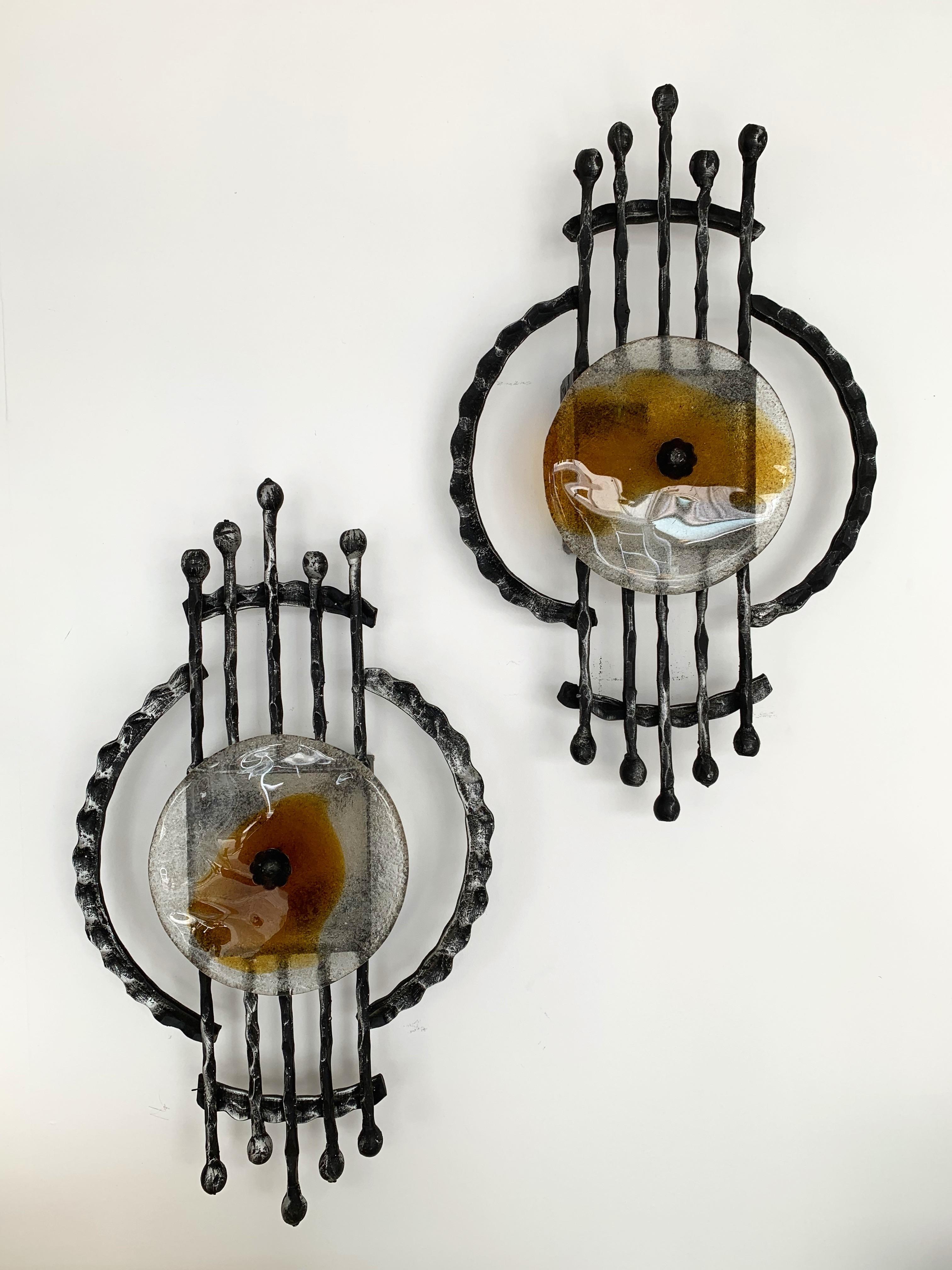 Late 20th Century Pair of Brutalist Sconces Iron Murano Glass by Ahlstrom and Helrich, 1970s