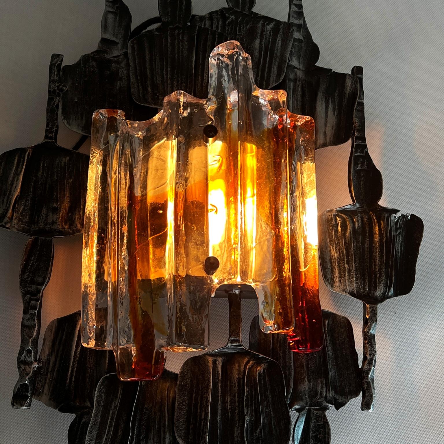 Pair of Brutalist Sconces Iron Murano Glass by T. Ahlström and H. Ehrich, 1960s 6