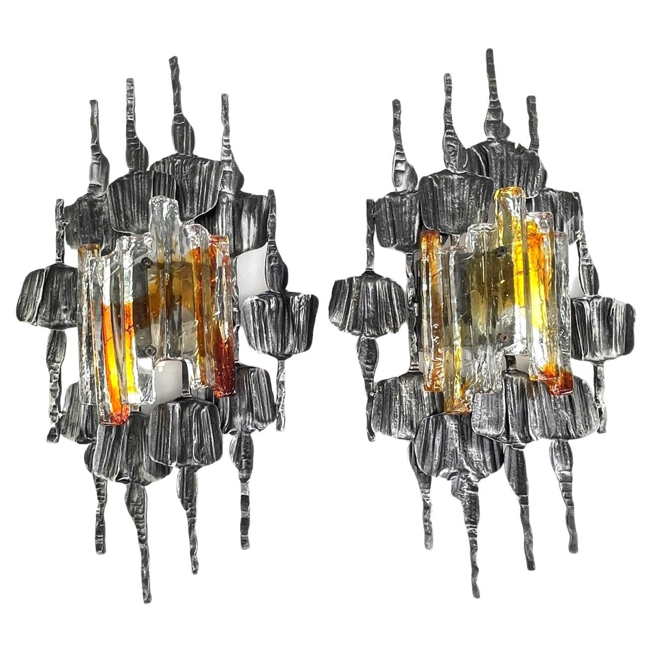 Pair of Brutalist Sconces Iron Murano Glass by T. Ahlström and H. Ehrich, 1960s