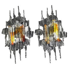 Pair of Brutalist Sconces Iron Murano Glass by T. Ahlström and H. Ehrich, 1960s