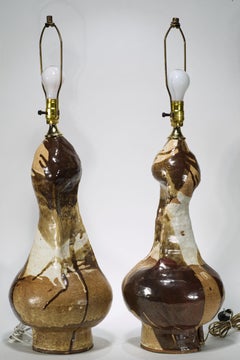 Pair of Brutalist Sculptural Ceramic Table Lamps, American Studio Pottery