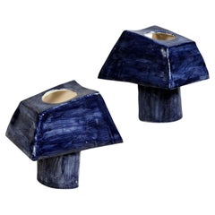 Pair of Brutalist Sculptural French Studio Ceramic Lamps