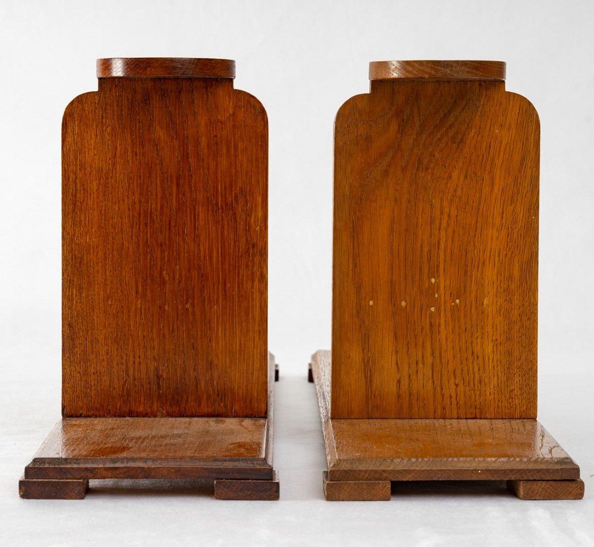 French Pair of Brutalist Shelves , Attributed to Audoux-Minet, Varnished Oak , XXth For Sale