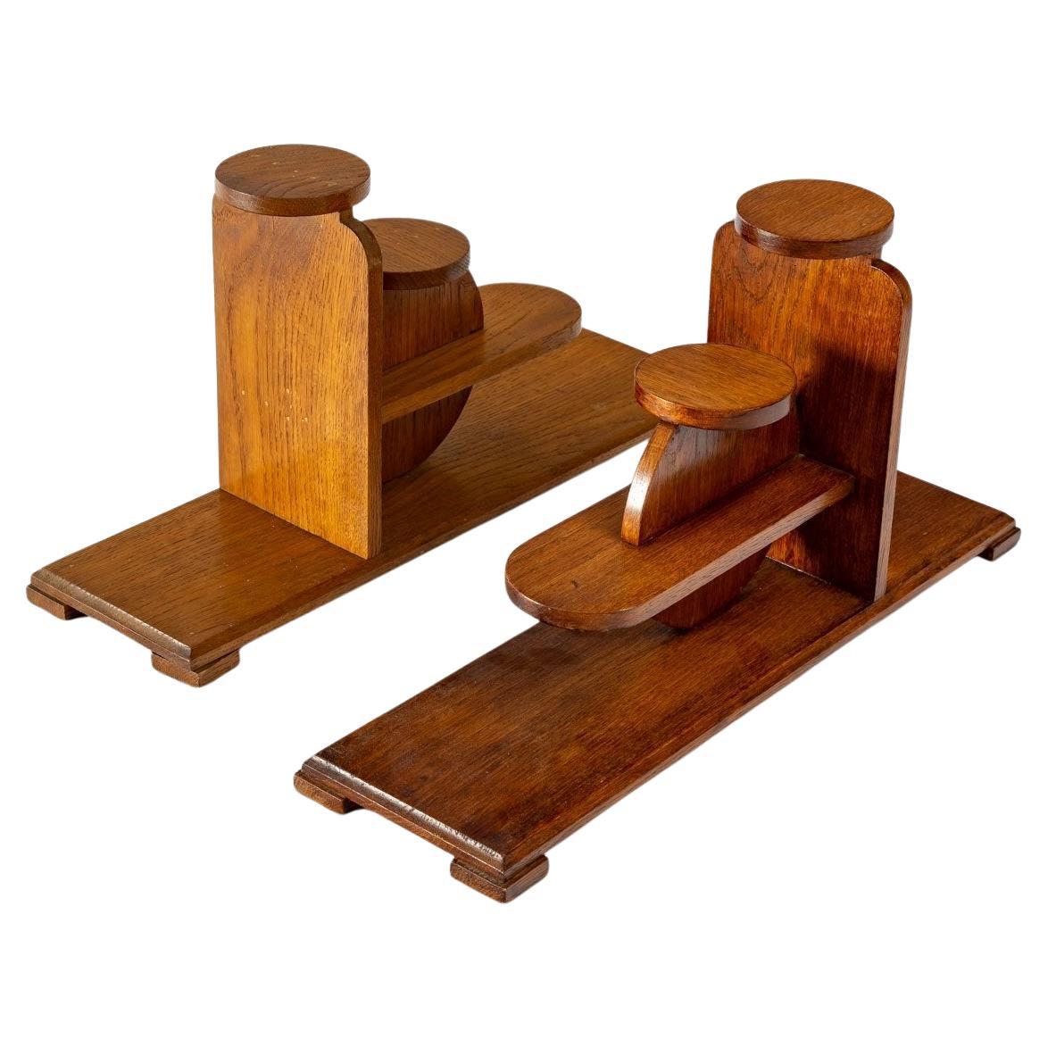 Pair of Brutalist Shelves , Attributed to Audoux-Minet, Varnished Oak , XXth