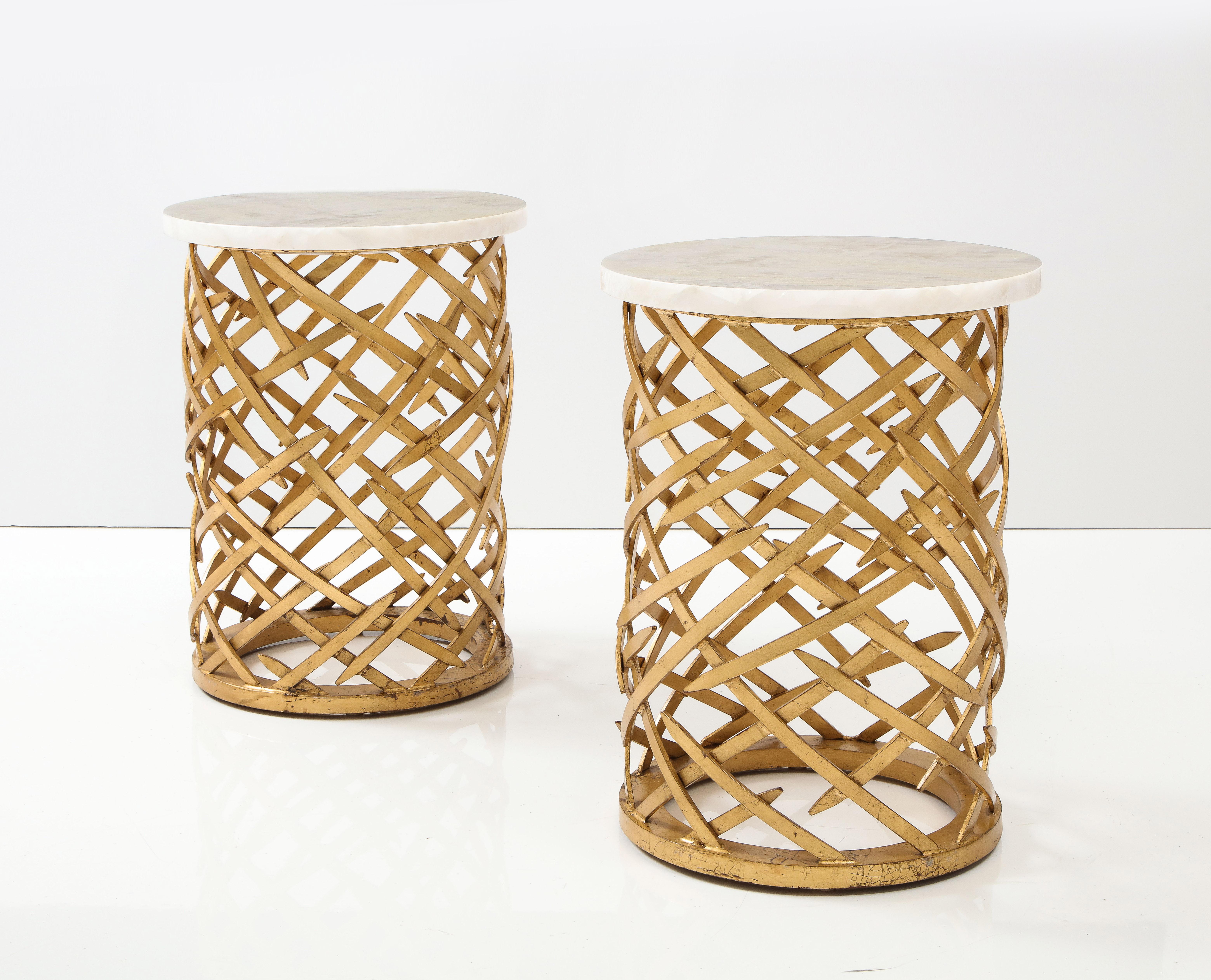 Mid-Century Modern Pair of Brutalist Side Tables with Crystalline Quartz Tops For Sale