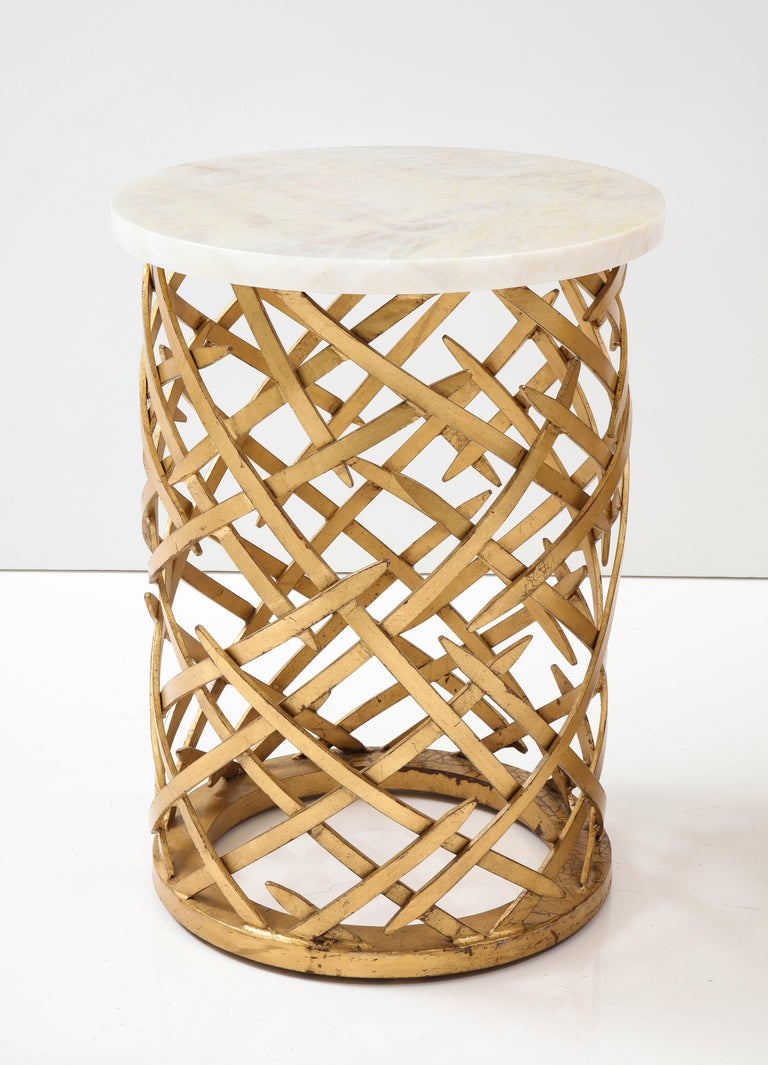 Pair of Brutalist Side Tables with Crystalline Quartz Tops For Sale at