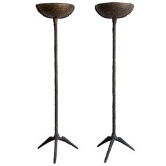 Retro Pair of Brutalist Solid Bronze Torchère Floor Lamps