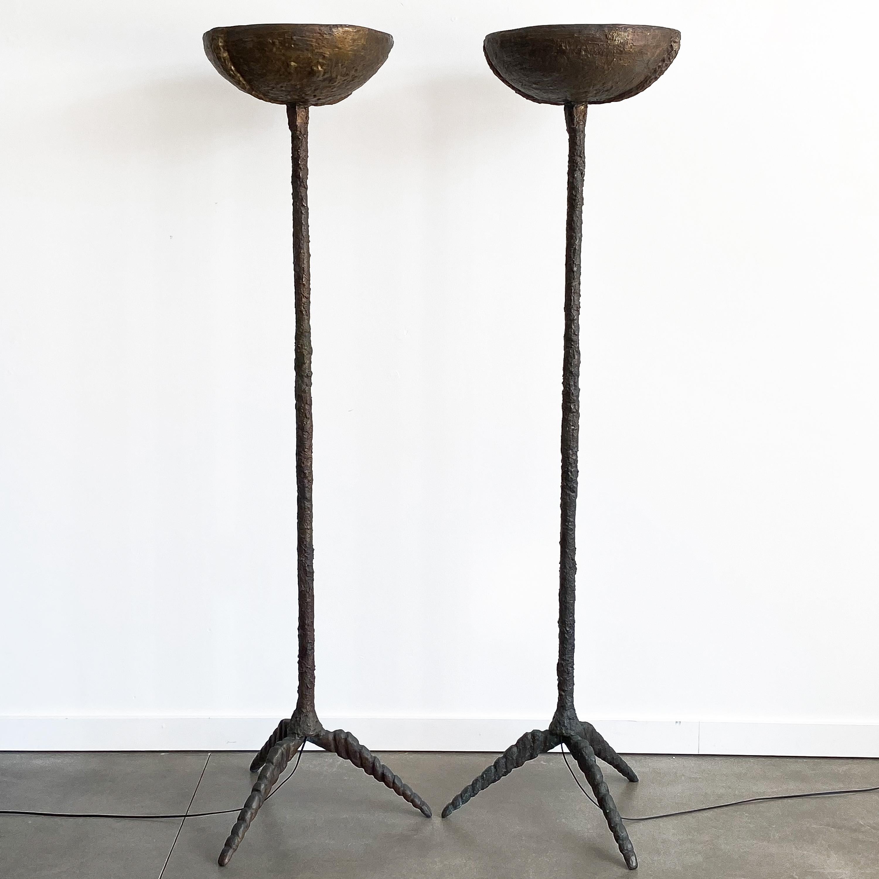 Unknown Pair of Brutalist Solid Bronze Torchère Floor Lamps
