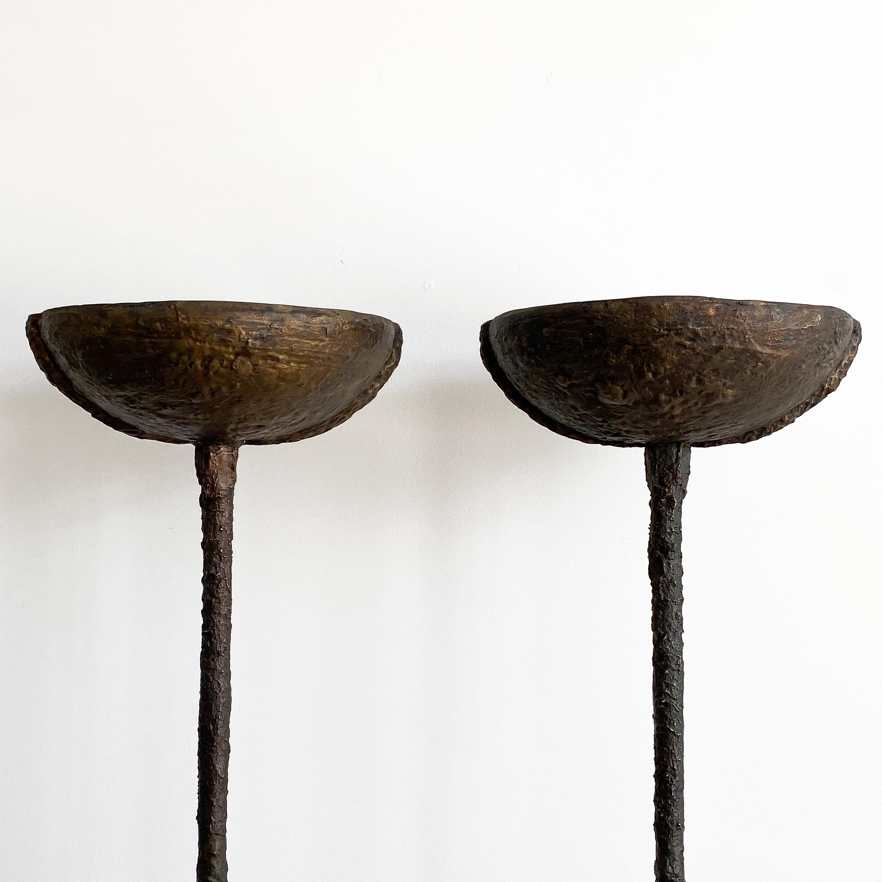 Patinated Pair of Brutalist Solid Bronze Torchère Floor Lamps
