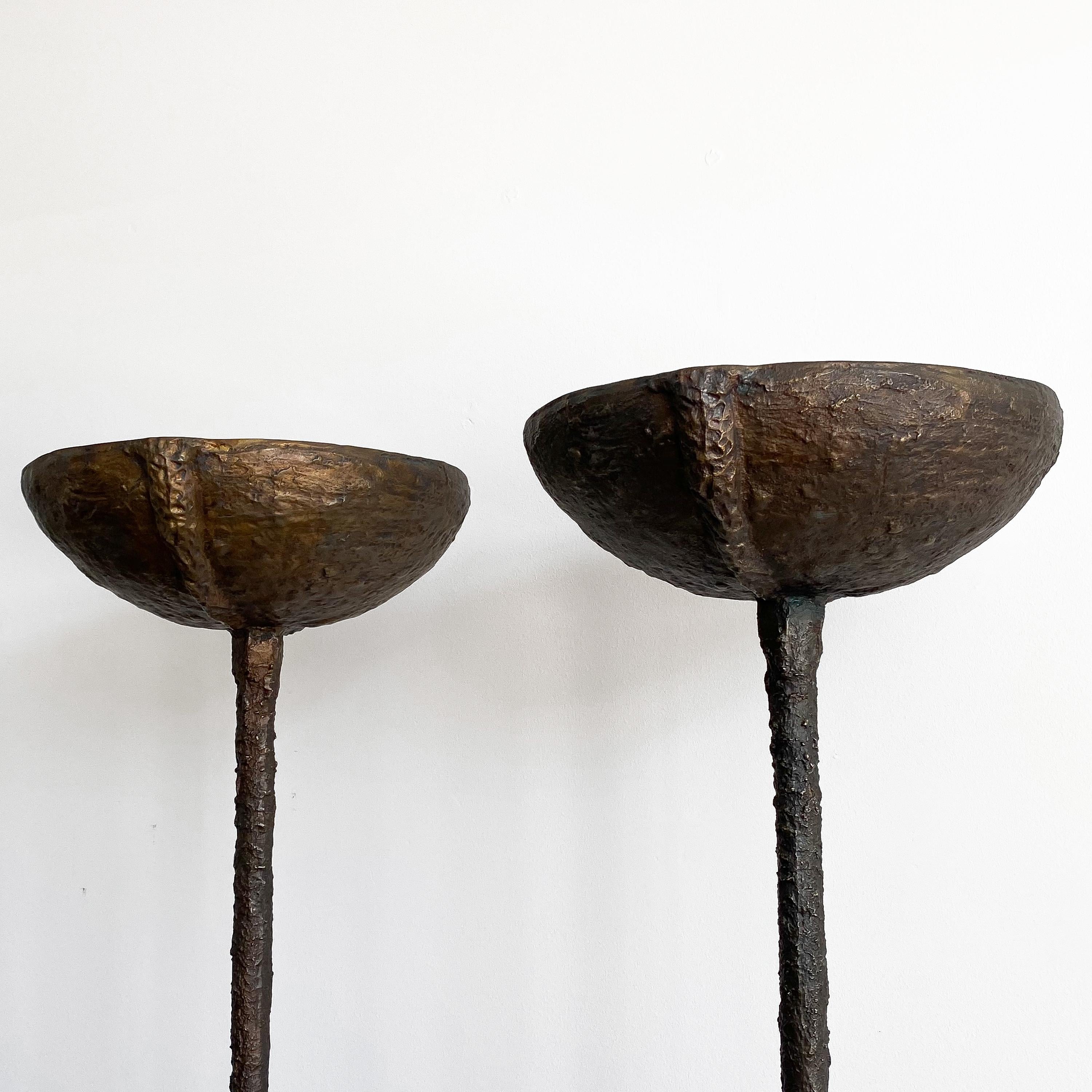 20th Century Pair of Brutalist Solid Bronze Torchère Floor Lamps
