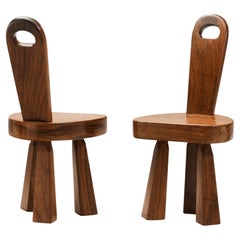 Used Pair of Brutalist Solid Wood Low Tripod Chairs, France 1960s