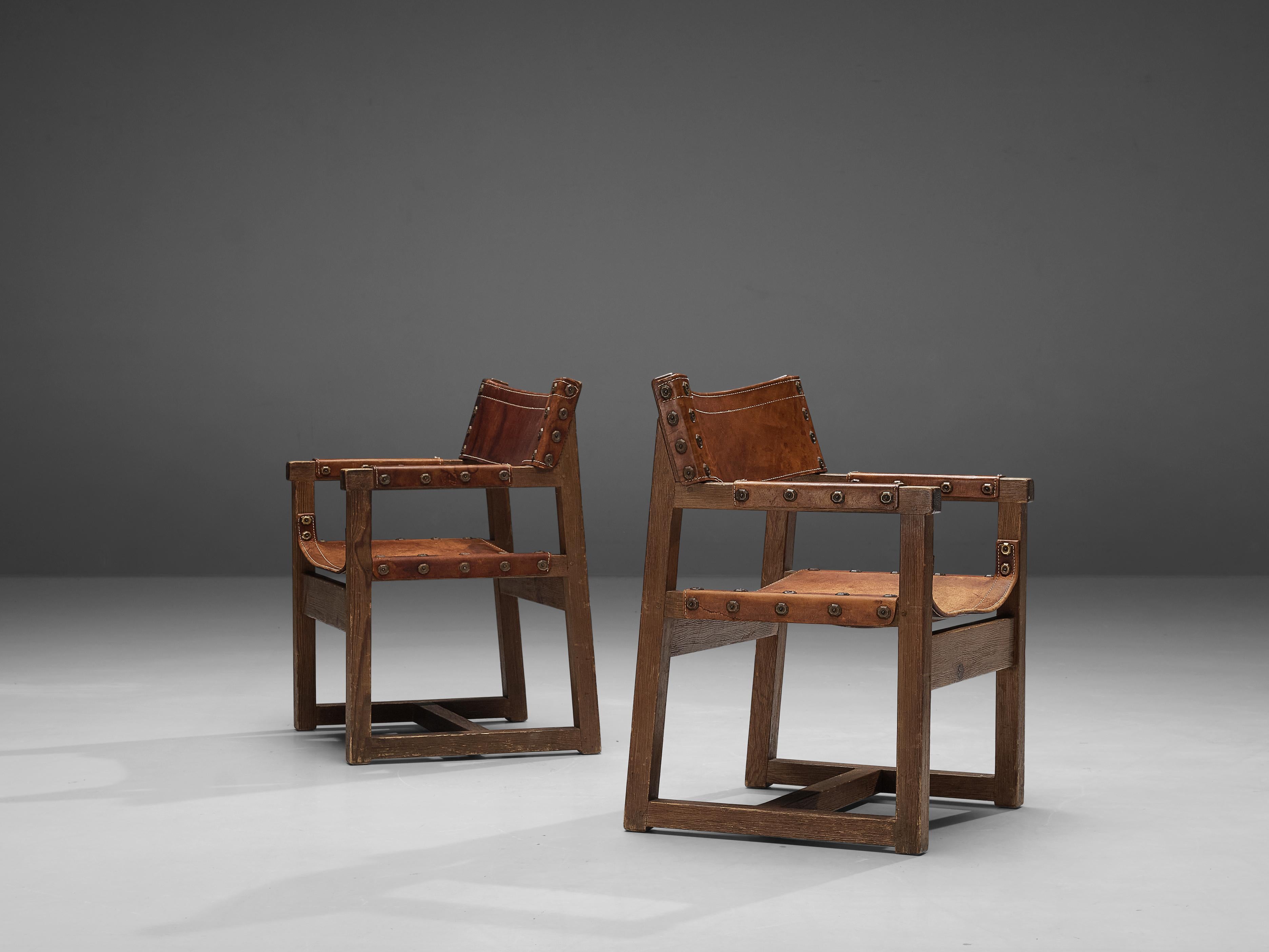 Biosca Brutalist Spanish Pair of Armchairs in Cognac Leather and Pine  4