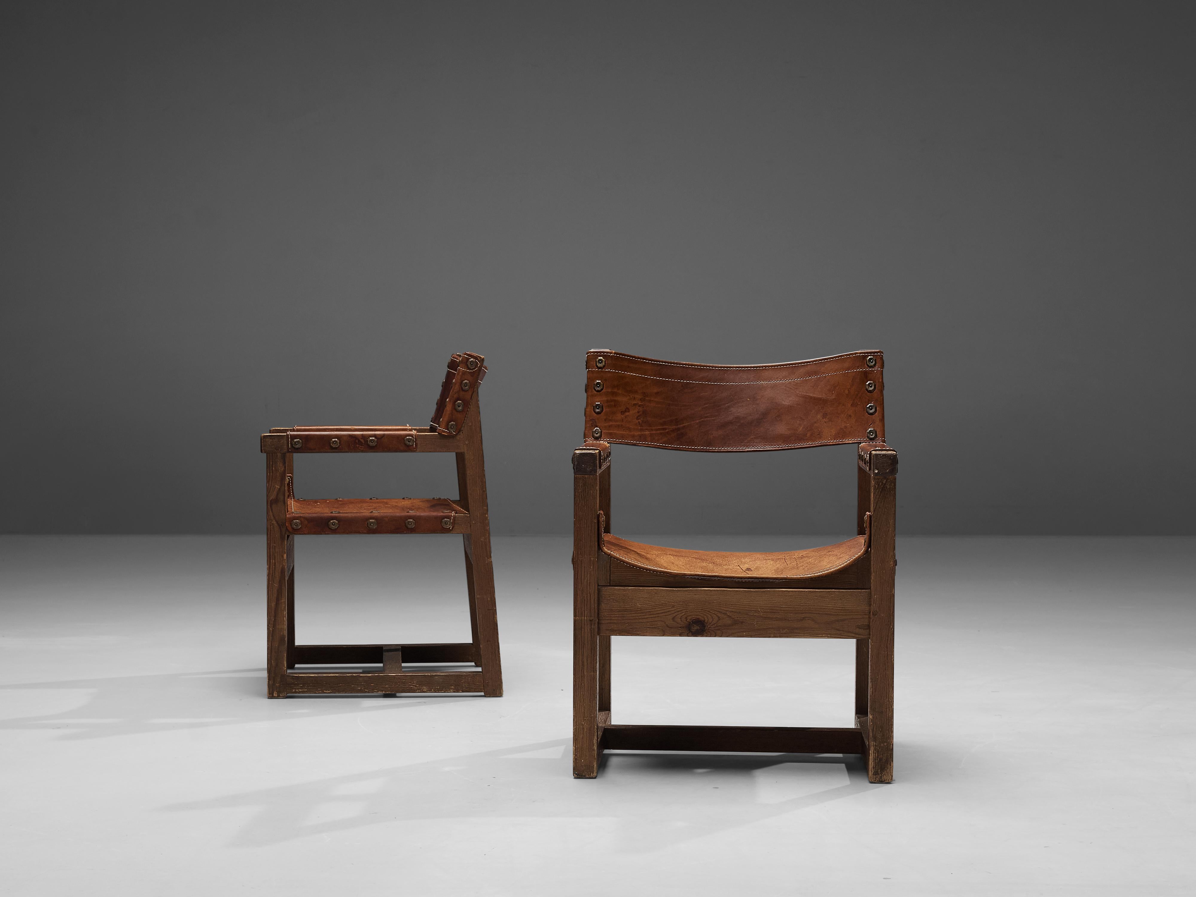 Biosca Brutalist Spanish Pair of Armchairs in Cognac Leather and Pine  6