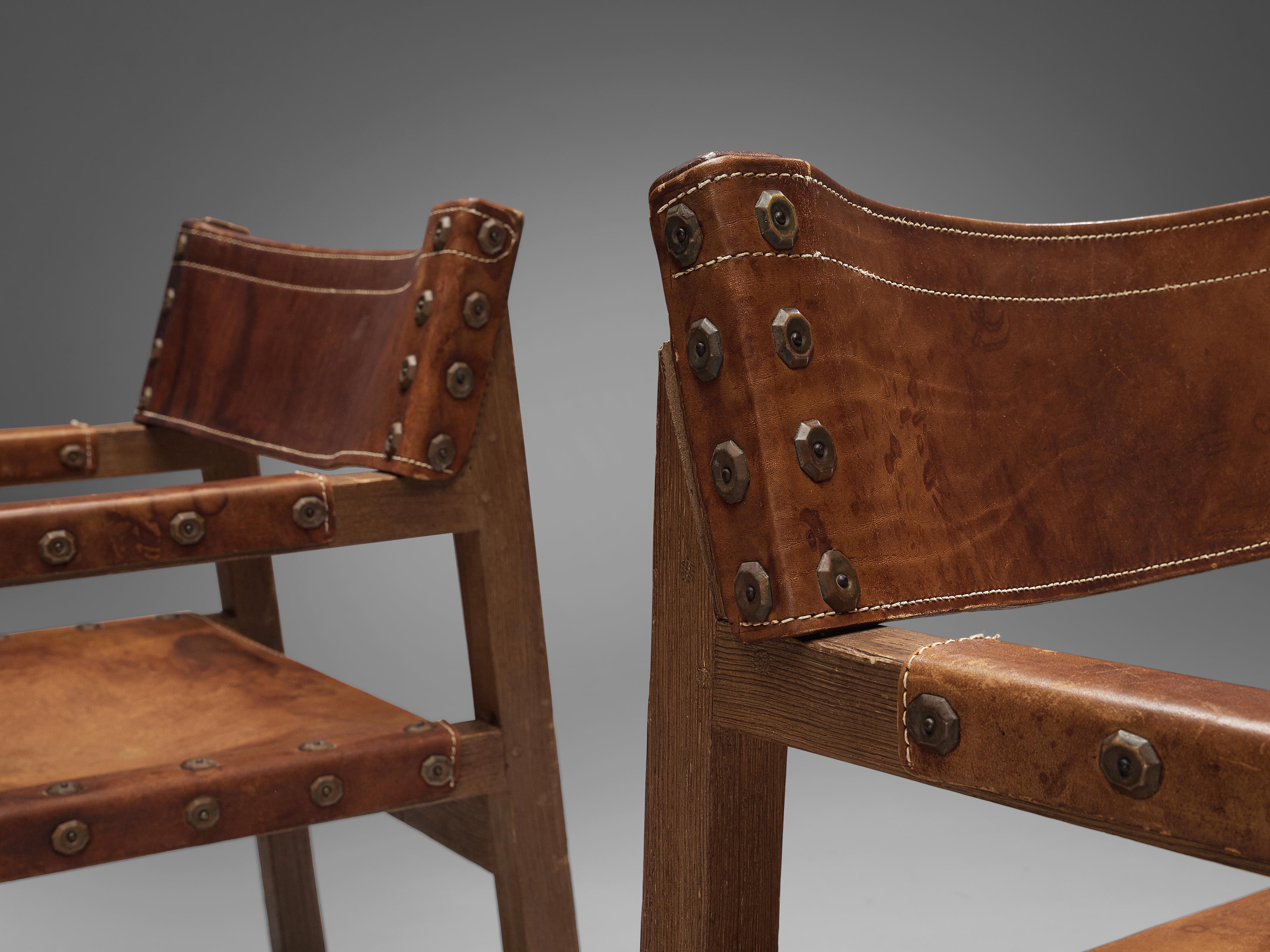 Mid-20th Century Biosca Brutalist Spanish Pair of Armchairs in Cognac Leather and Pine 