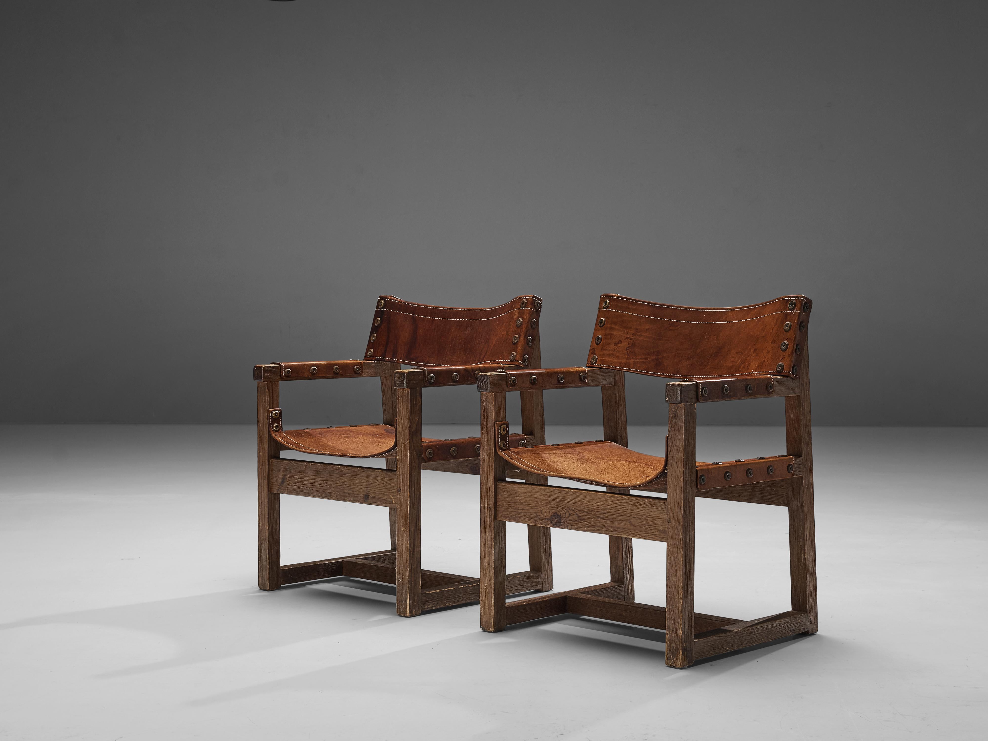 Brass Biosca Brutalist Spanish Pair of Armchairs in Cognac Leather and Pine 