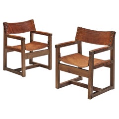 Biosca Brutalist Spanish Pair of Armchairs in Cognac Leather and Pine 