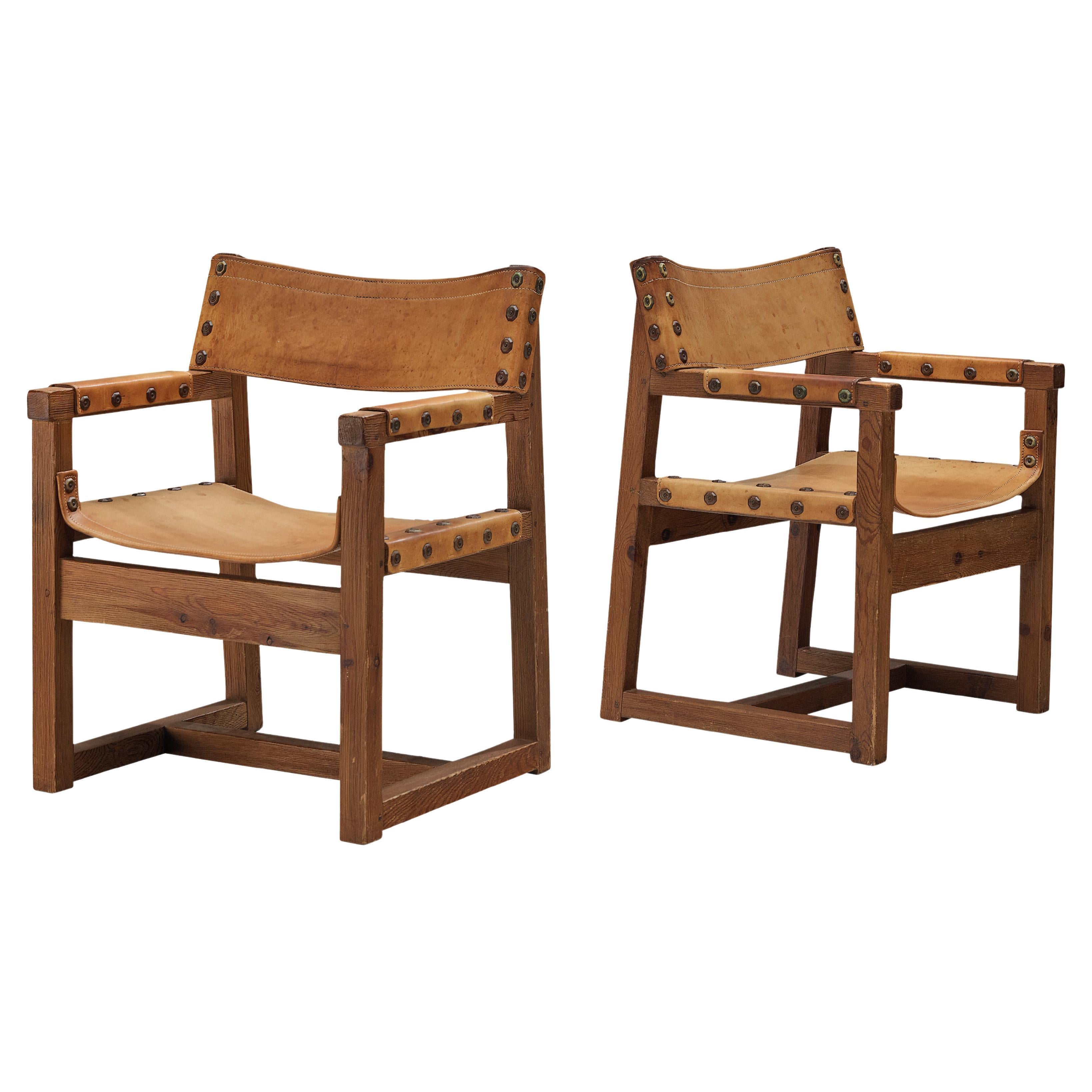 Pair of Brutalist Spanish Biosca Chairs in Leather