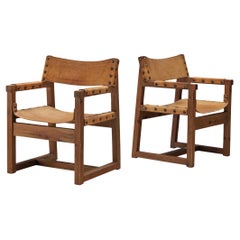 Pair of Brutalist Spanish Biosca Chairs in Leather 
