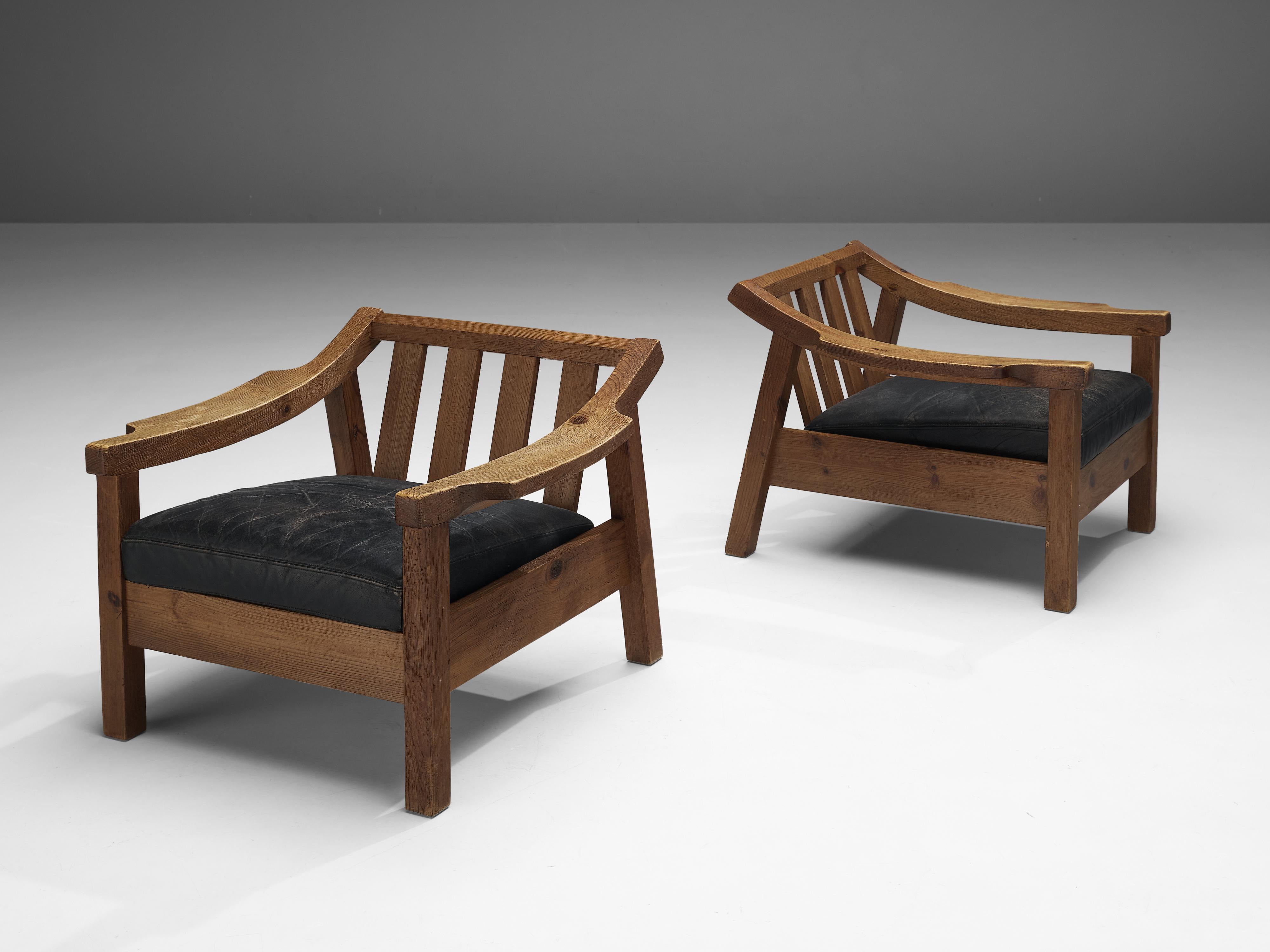 Pine Pair of Brutalist Spanish Lounge Chairs in Solid Oak