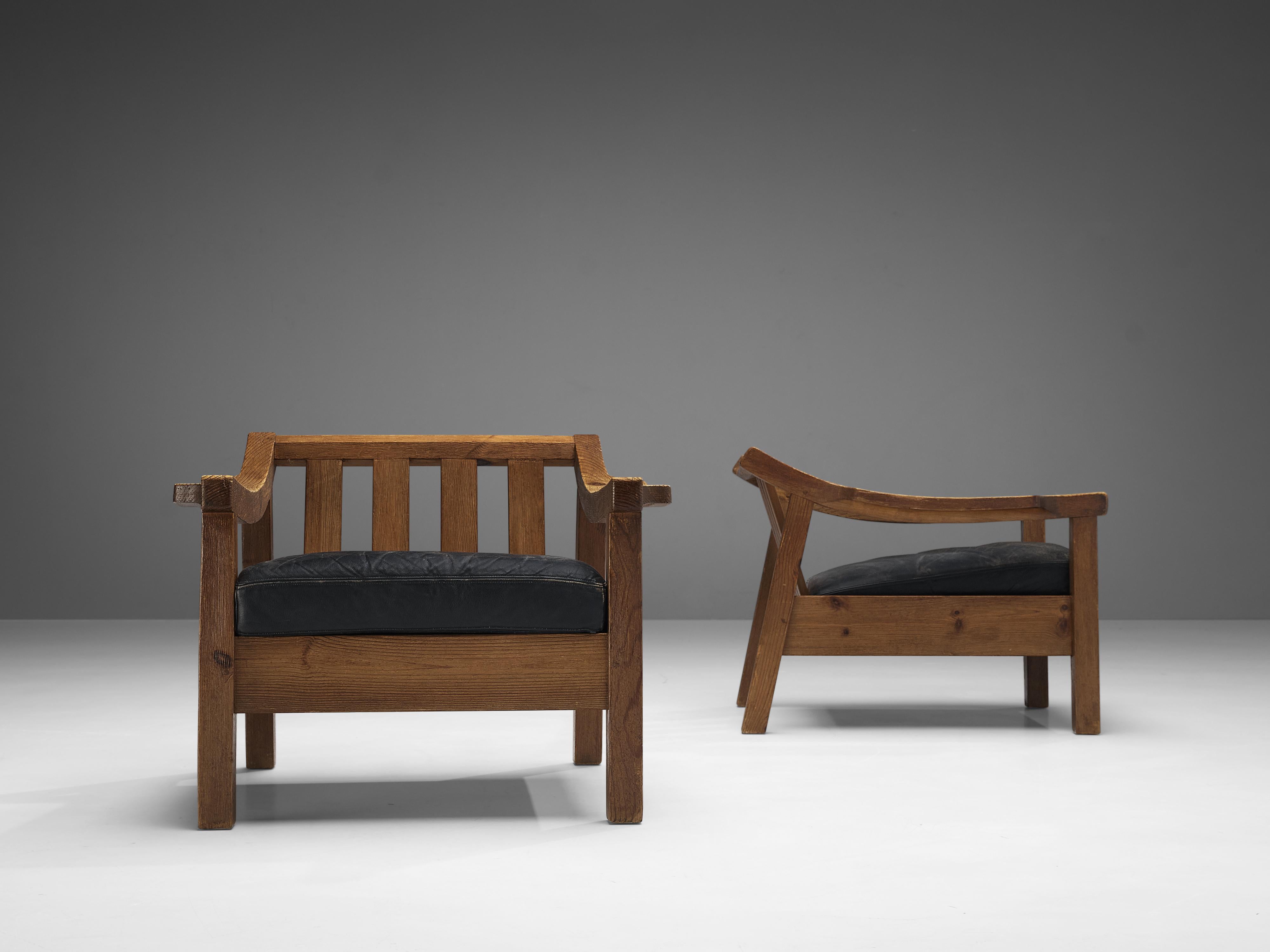 Pair of Brutalist Spanish Lounge Chairs in Solid Oak 2