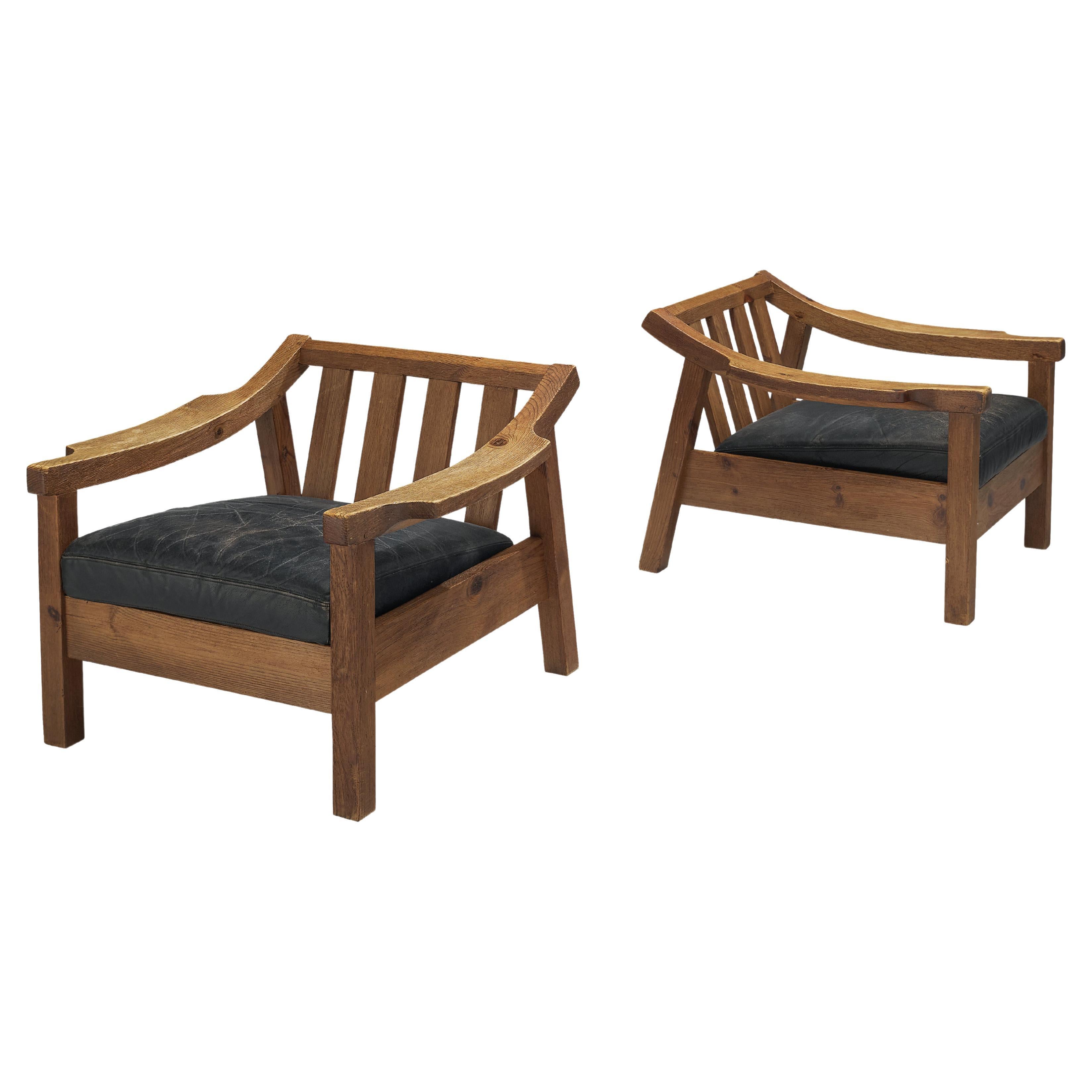 Pair of Brutalist Spanish Lounge Chairs in Solid Oak