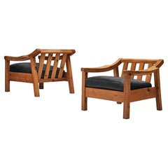 Pair of Brutalist Spanish Lounge Chairs in Solid Pine