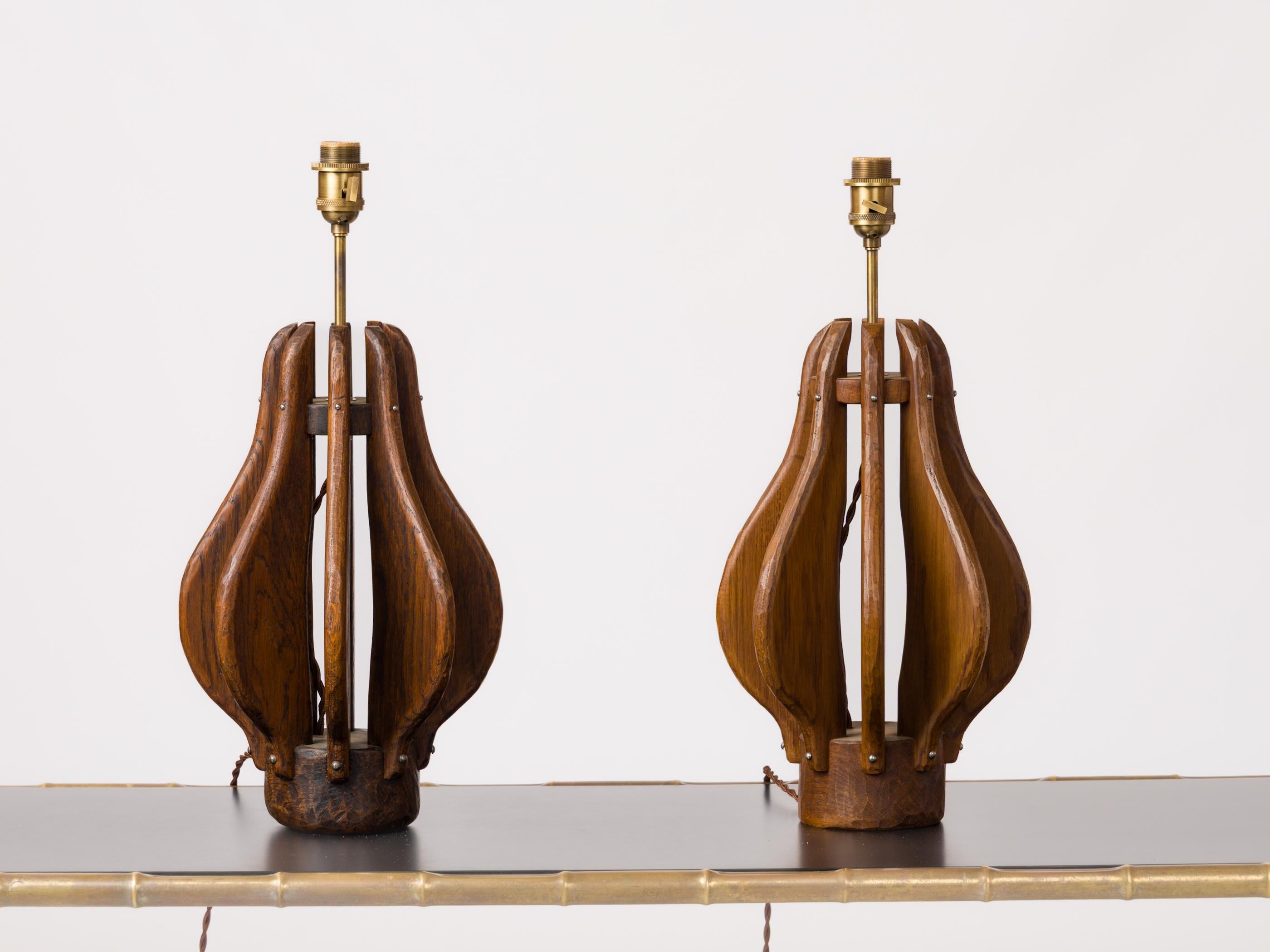Late 20th Century Pair of Brutalist Stained Oak Wing Lamps - France 1970's For Sale