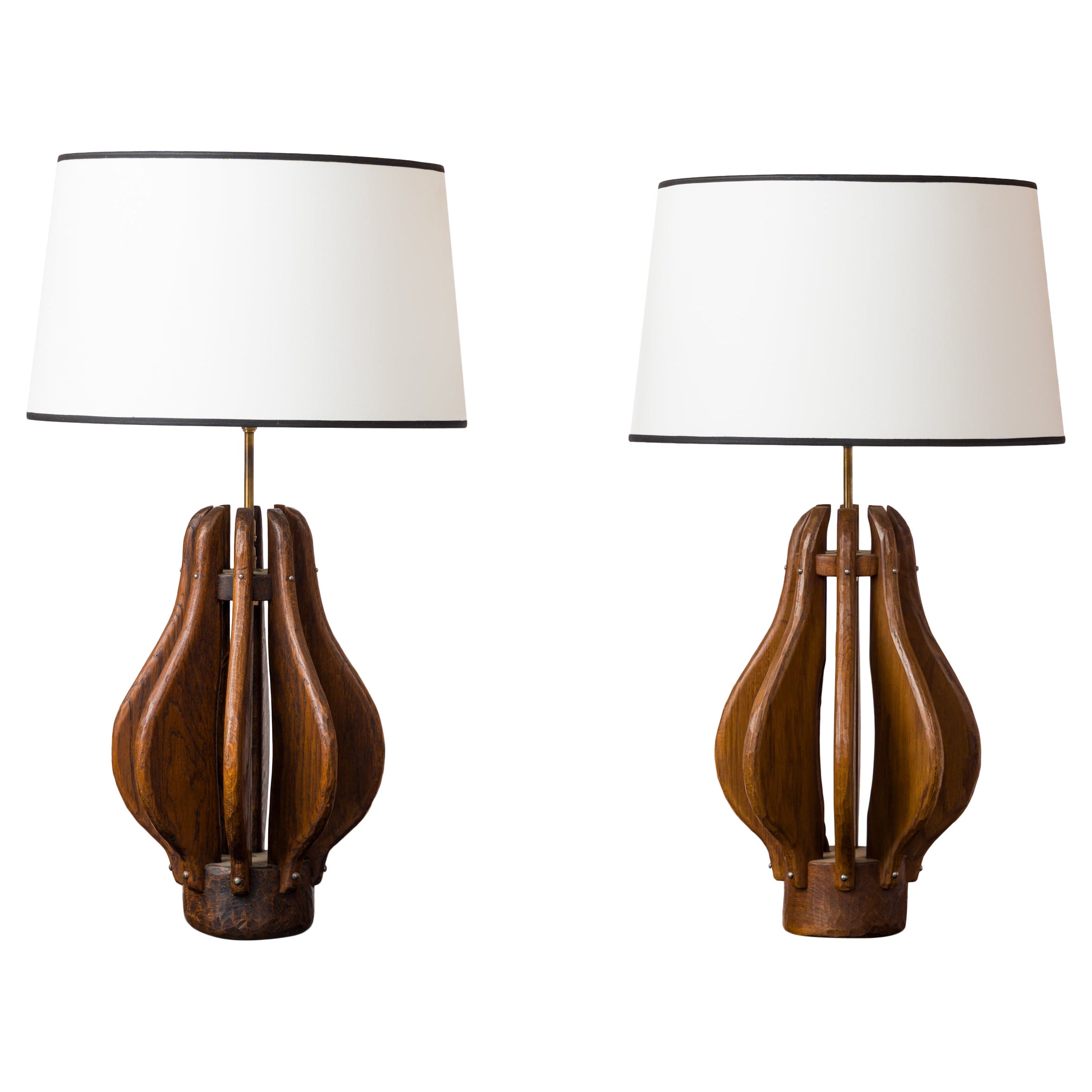 Pair of Brutalist Stained Oak Wing Lamps - France 1970's For Sale