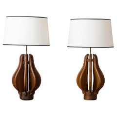 Pair of Brutalist Stained Oak Wing Lamps - France 1970's