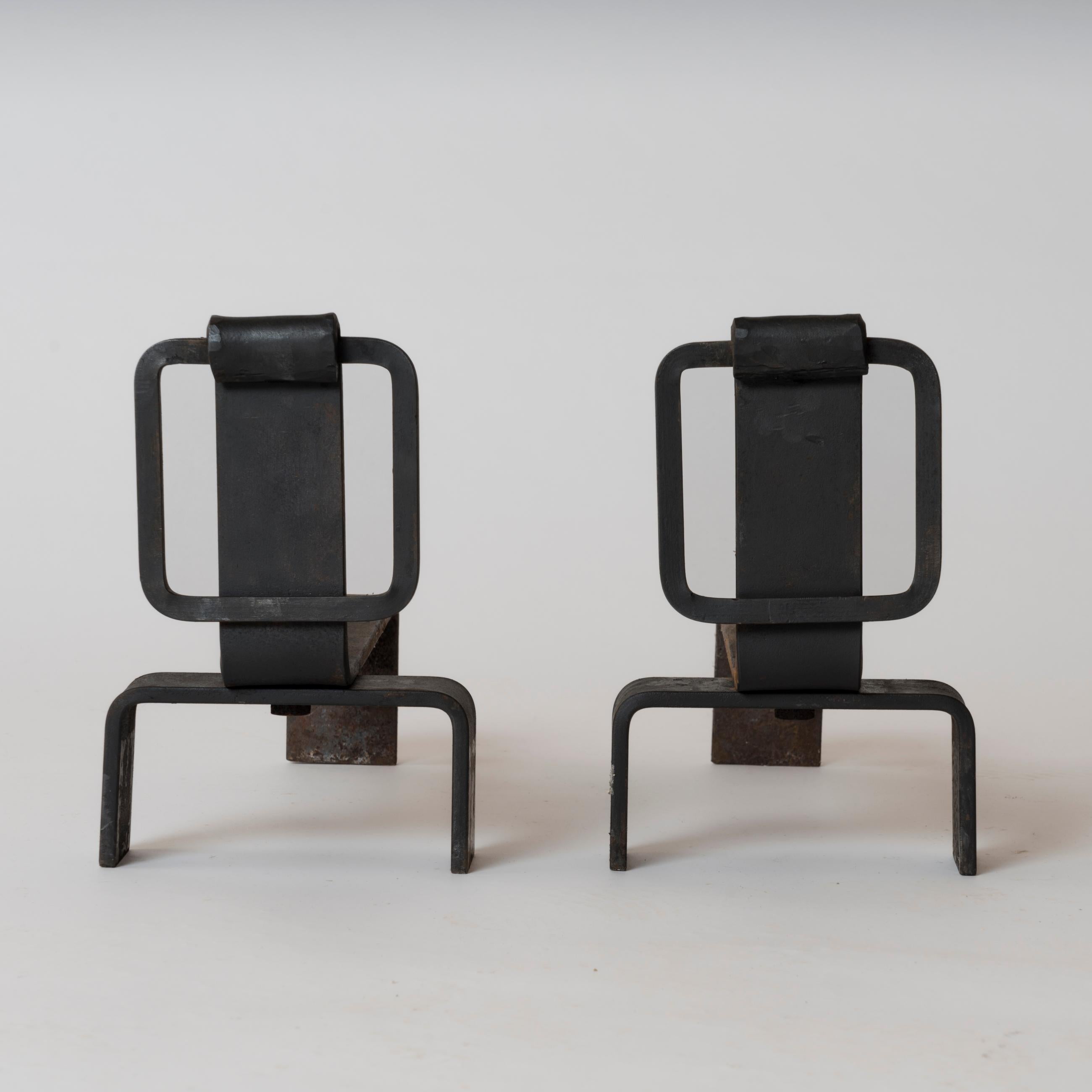 French Pair of Brutalist Steel Andirons, France, 1970s