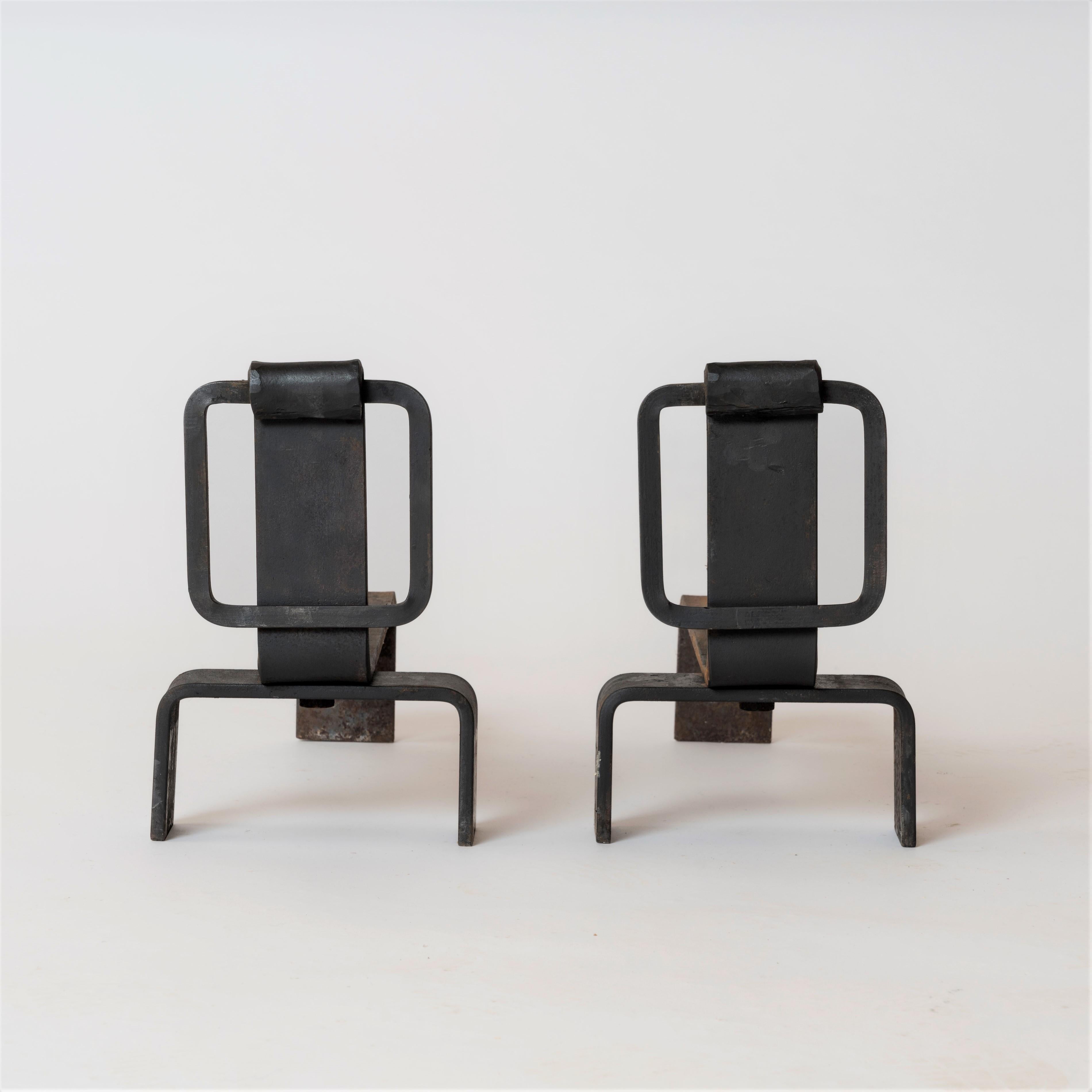 French Pair of Brutalist Steel Andirons, France, 1970s For Sale