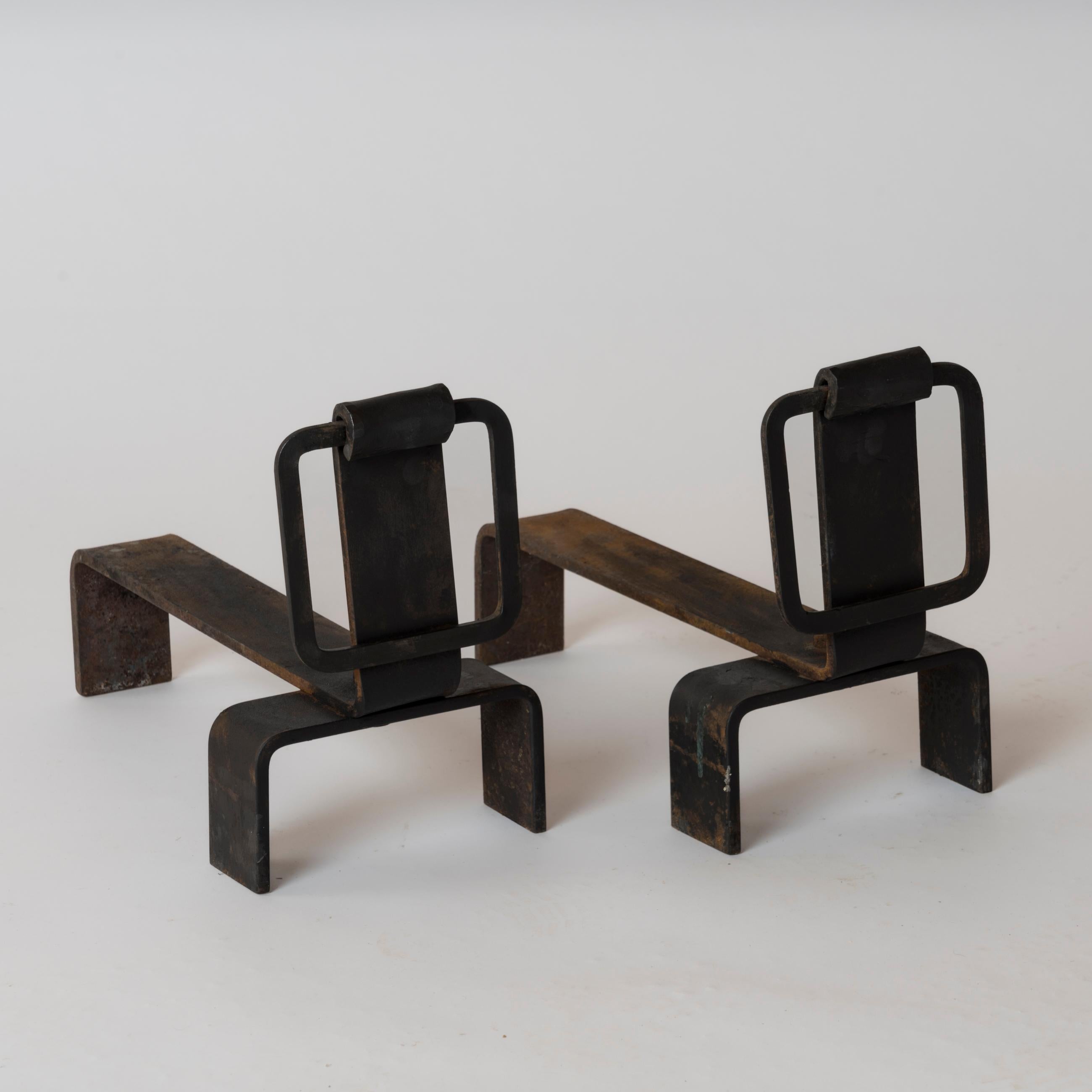 Forged Pair of Brutalist Steel Andirons, France, 1970s