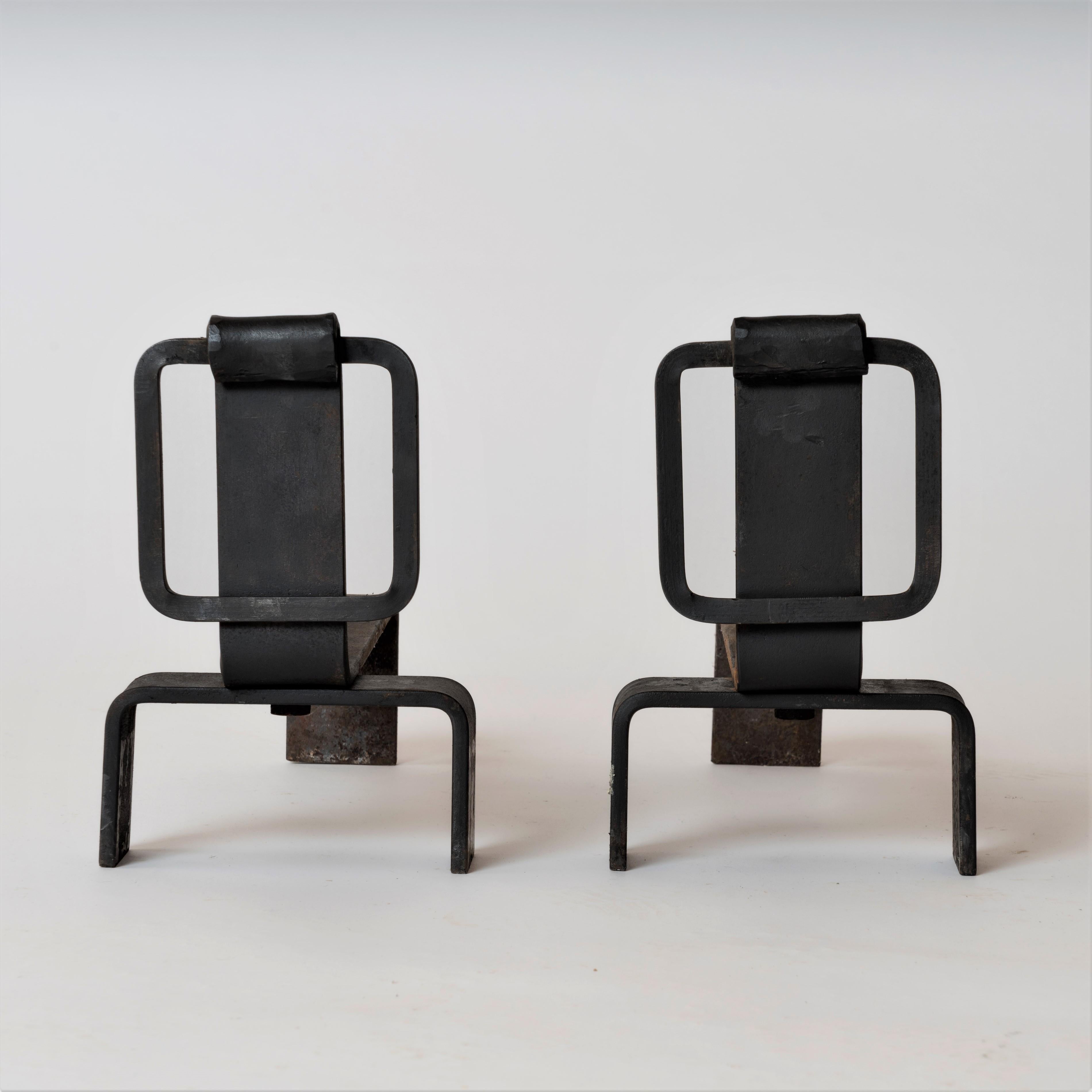 Forged Pair of Brutalist Steel Andirons, France, 1970s For Sale